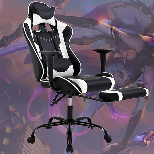 Silla de videojuegos, silla ergonómica para videojuegos, con reposapiés, reclinable, respaldo alto, con soporte lumbar, reposacabezas y apoyabrazos,