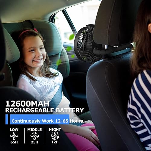 Miniatura 4 de Ventilador de cochecito  Ventilador recargable de 65 horas de 12600 mAh, ventilador de asiento de automóvil, ventilador portátil de clip, ventilador