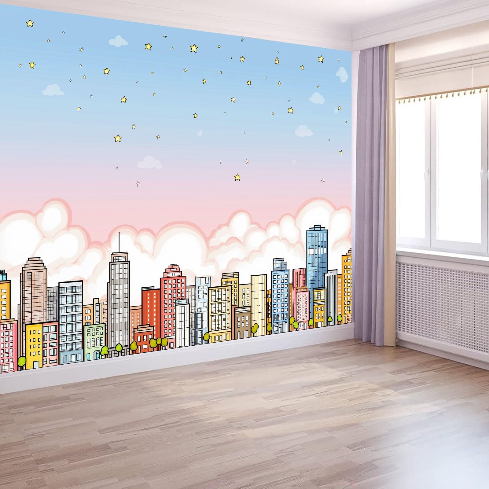 Generico Panoramiczna tapeta XXL kreskówka miasto wieżowiec gwiaździste niebo, dekoracyjny dekoracyjny niebieski plakat ścienny do pokoju dziecięcego, sypialni i salonu 250 x 175 cm