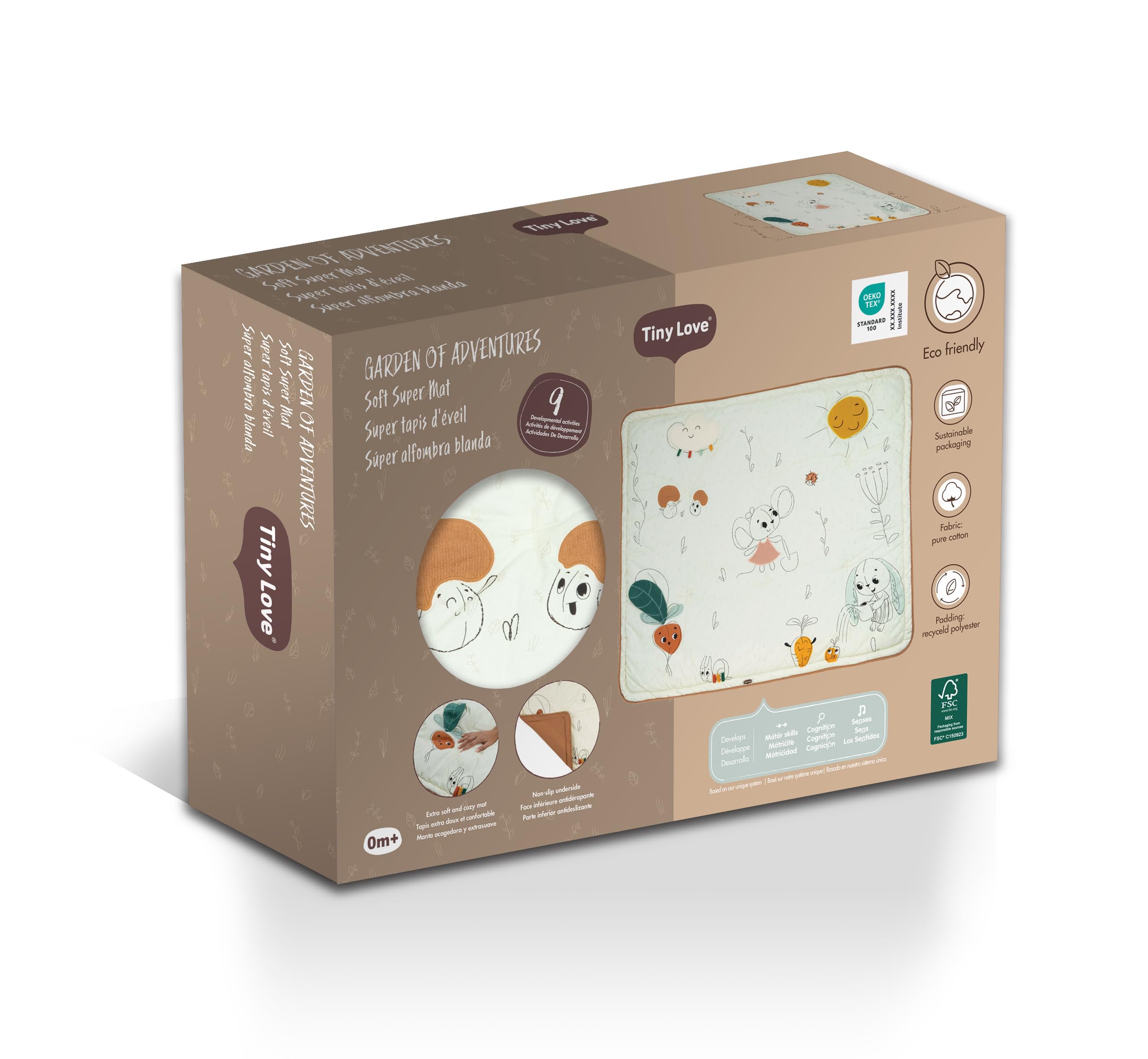 Tiny Love Weiche Super-Spielmatte aus natürlicher Baumwolle und recycelten Materialien, naturinspiriertes Design, neutrale Farben, weich, sensorisch, entwicklungsfördernd, Garden of Adventures