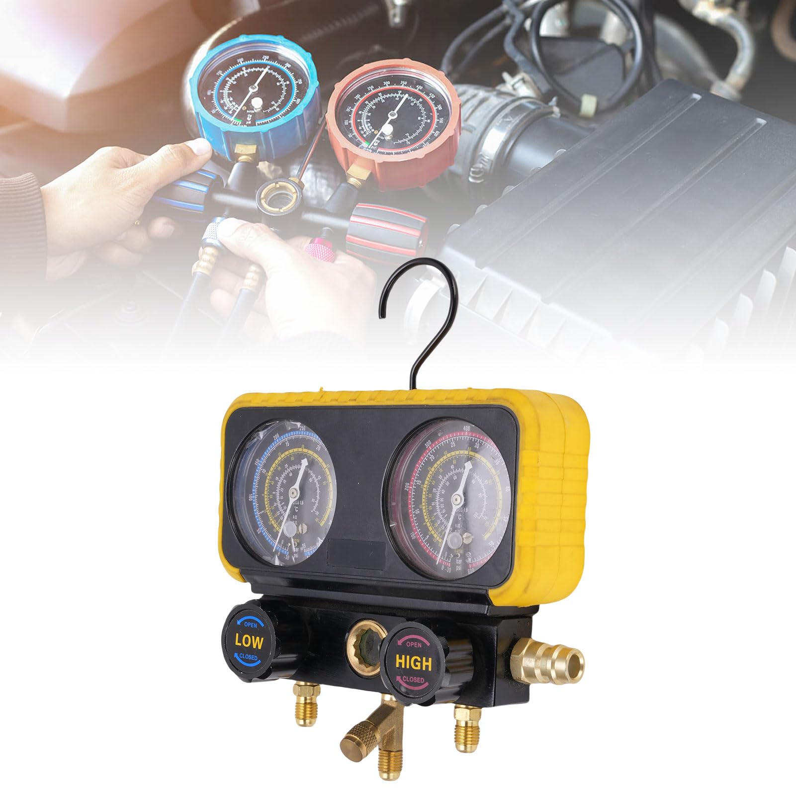 SIXRUN Car CA Conjunto de 3 Mangueras para el Refrigerante R410A R32 R134A R22, Que Incluye Medidor de Flujo, Válvula de Seguridad, Adaptadores, Puede Tocar Herramientas de Carga.