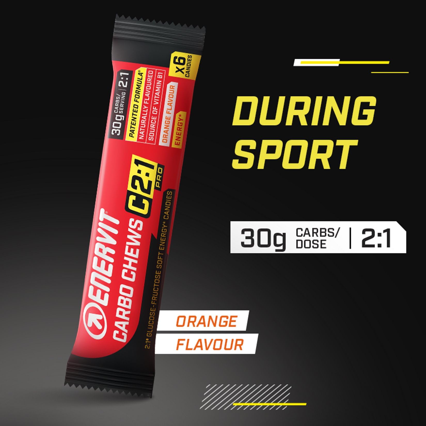 Enervit Carbo Chews C2:1PRO, Gominolas con Maltodextrinas y 30g de Carbohidratos, Para Actividades de Larga Duración y Alta Intensidad, Sin Gluten, Sabor Naranja, 3 Packs de 6 Gominolas
