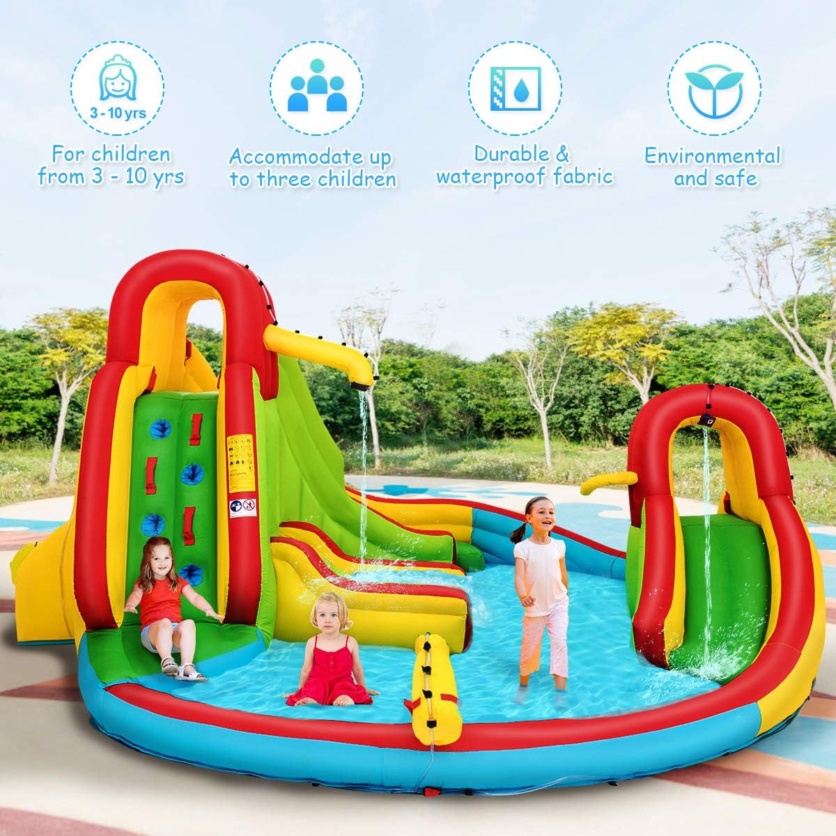 KOTEK Inflatable Water Slide, 8 in 1 Water Park Waterslide Inflatables with 2 Slides, 2 Climbing Walls, Splashing Pool & Water Cannon, Outdoor Blow up Water Slides for Kids Backyard Fun