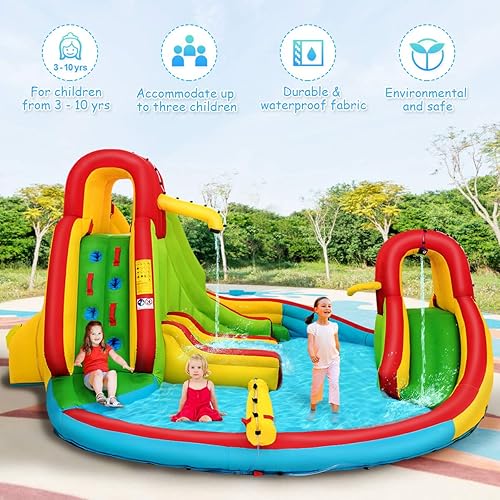 Miniatura 9 de KOTEK Tobogán acuático inflable, casa inflable de parque acuático 8 en 1 para niños al aire libre con soplador, 2 toboganes, 2 paredes de escalada,