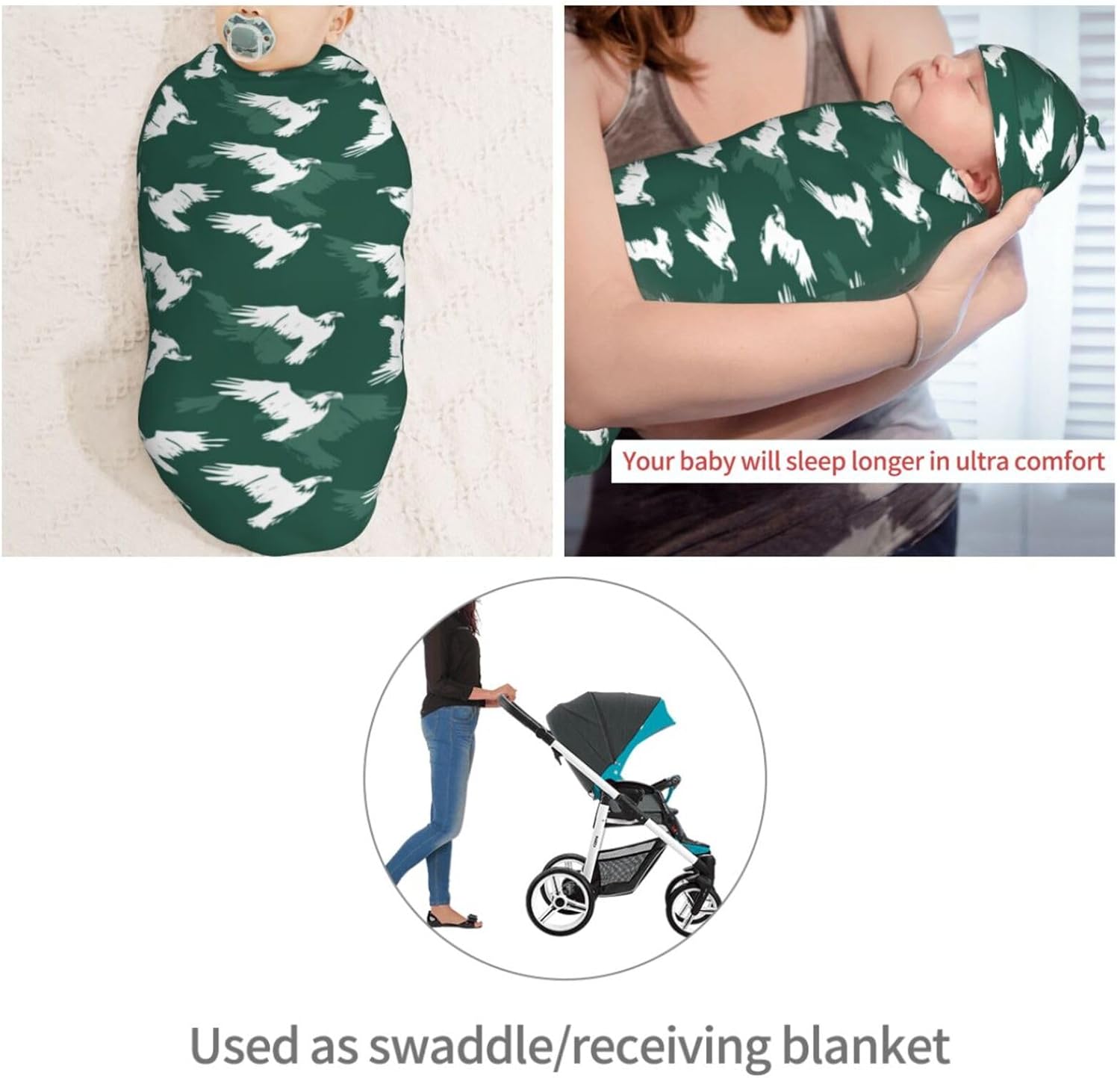 Eagle On Green Background Newborn Swaddle Blankets Hat Sets Soft Baby Receiving Blanket Swaddle Sack for Baby Shower Infant Boy Girl Gift - Image 4