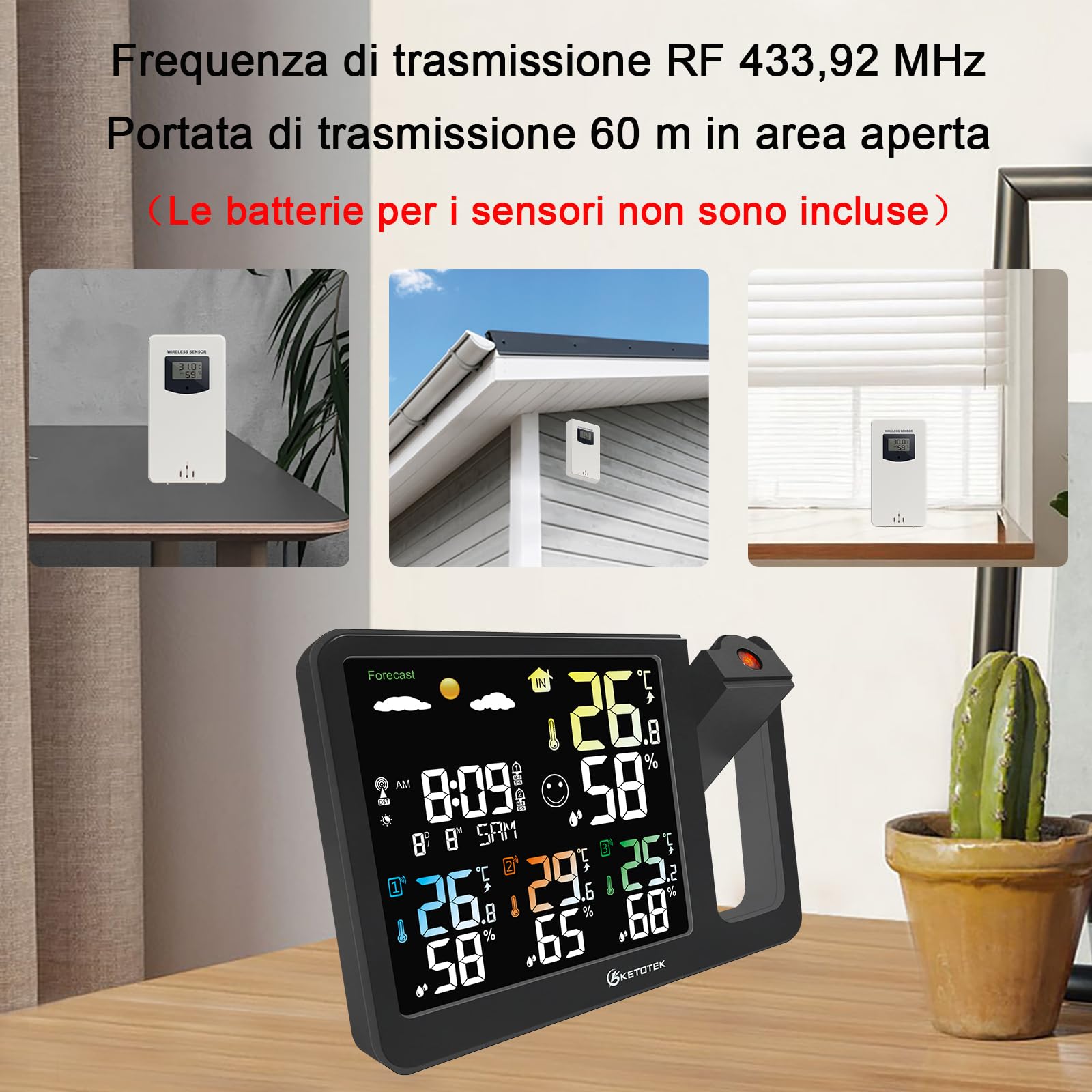 KETOTEK Sveglia Radio Digitale con Proiezione, Stazione Meteo Wireless, Termometro per Interni ed Esterni, Igrometro, Monitoraggio di Temperatura e Umidità, Previsioni Meteo con 3 Sensori Remoti