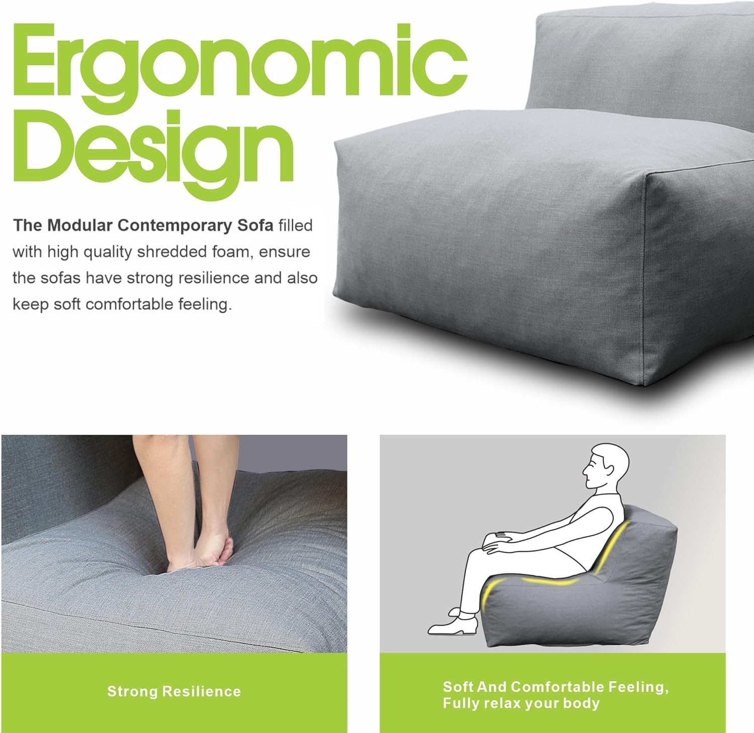 Patio Armless Chair, Outdoor Middle Bean Bag Chair, Daybed Sofa Comfy Couch, Modular Patio Sectional Sofa, Water-Resistant Olefin Fabric, High-Density Foam Filled, Comfy Lounge Seat, Dark Gray