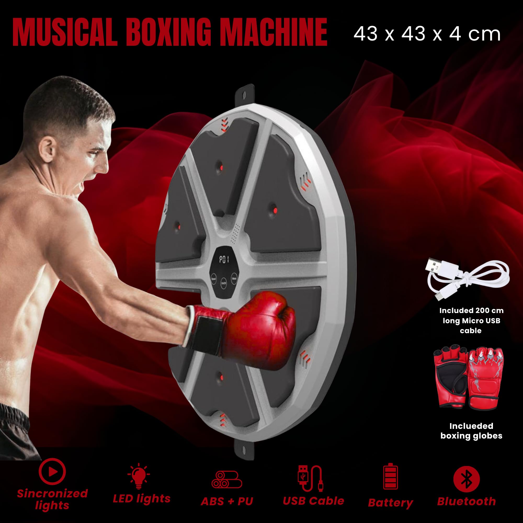 Macchina da Boxe Musicale. Attrezzatura da Parete con LED, Guantoni da Boxe, Bluetooth e Luci a Ritmo di Musica. per Bambini/Adulti. (9 modalità, 43x43 cm)