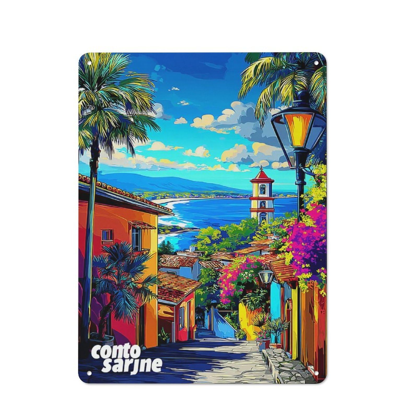 Junmoney Colorful Coastal Village Scene Metal Wall Art Sign 40X30cm, Modern Retro Urban Room Decor For Modern Home, Workshop, Office Or Cafe