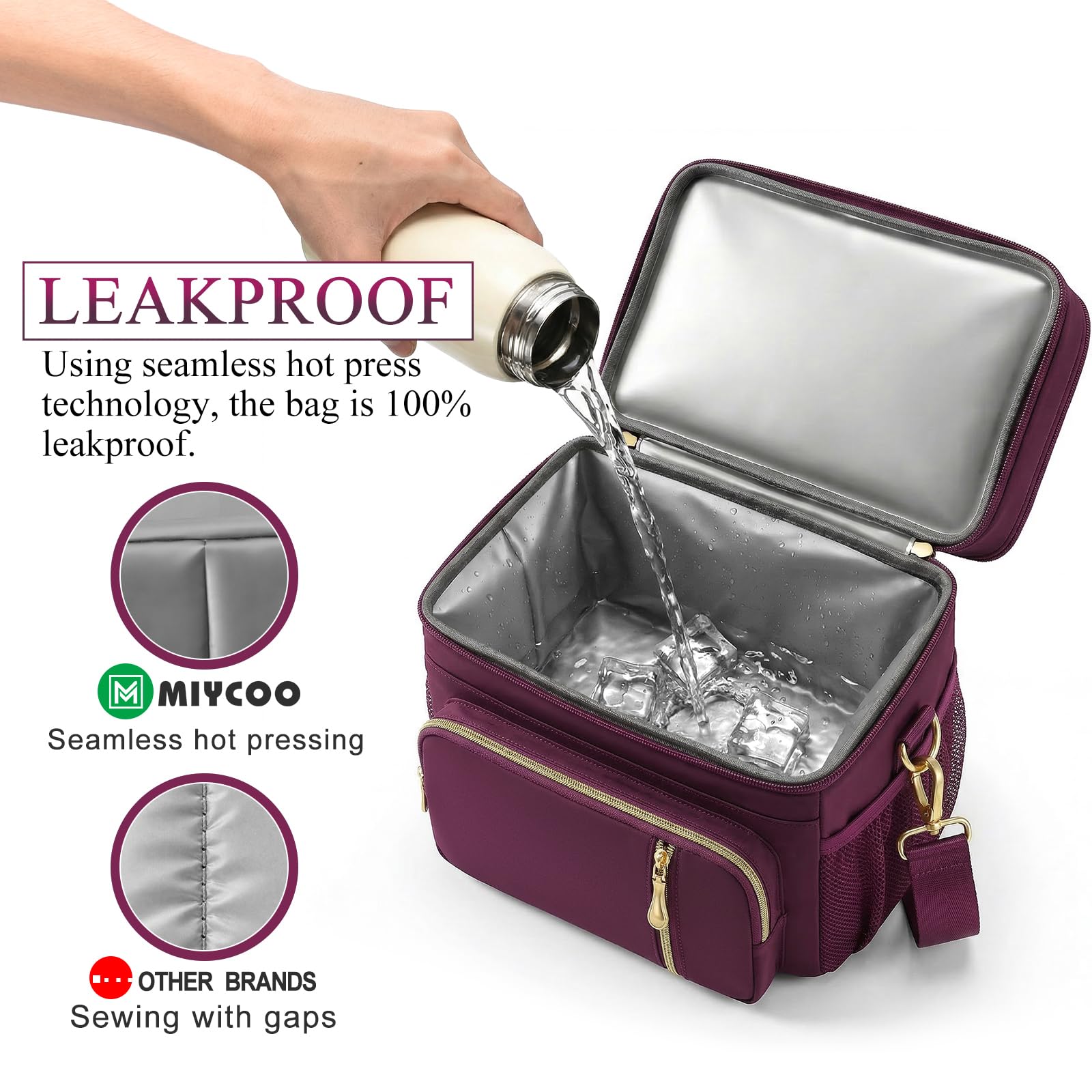 MIYCOO Borsa termica per il pranzo e portapranzo, per donne e uomini, a doppio strato, a prova di perdite, isolata, morbida, per adulti, per lavoro, spiaggia, picnic, viaggi (viola, 15 L) - 3