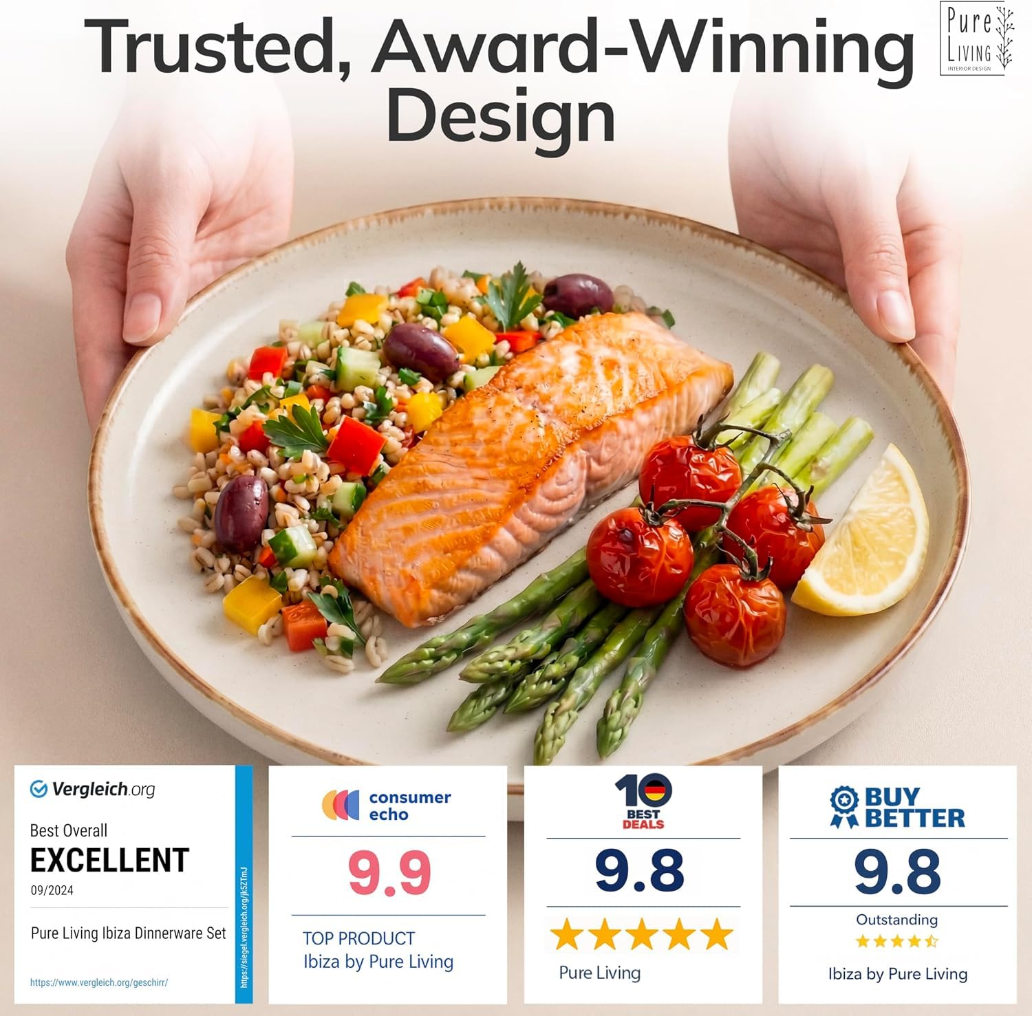 Pure Living Zestaw naczyń kamionkowych dla 12 osób, rustykalny, 48 elementów, zastawa stołowa w stylu rustykalnym, nadaje się do zmywarki, zestaw misek i talerzy, zastawa stołowa w kolorze beżowym