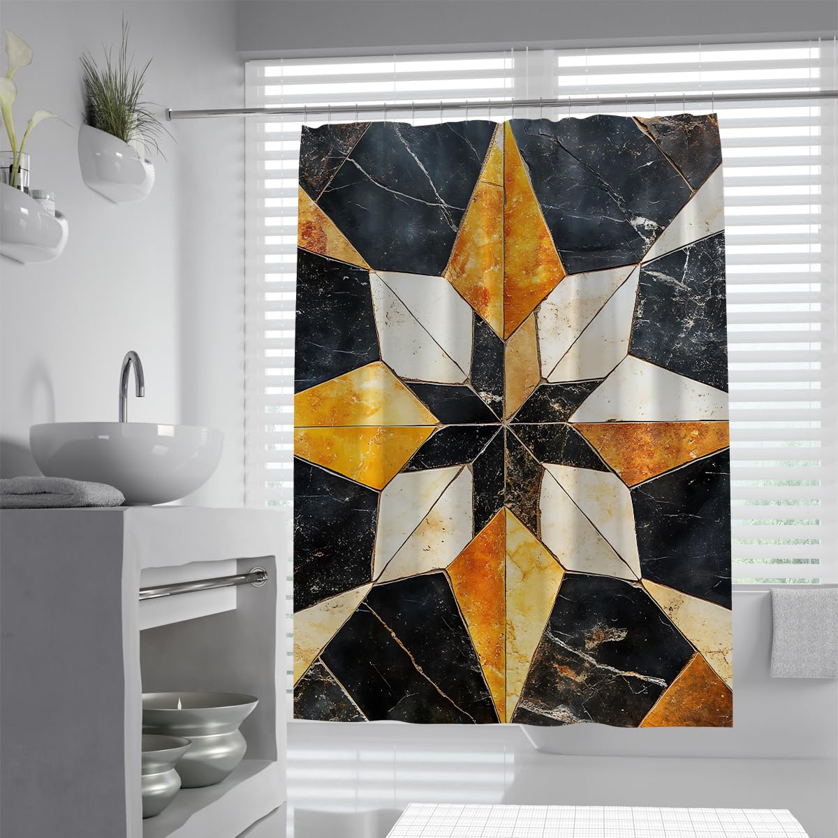 UIRINGART Starburst Marble Shower Curtain W200xL200cm Luxury Kaleidoscope Mosaic Black Gold Geometric Polyester Mildew Resistant Quick Dry Walk In Bathroom Screen With Hook
