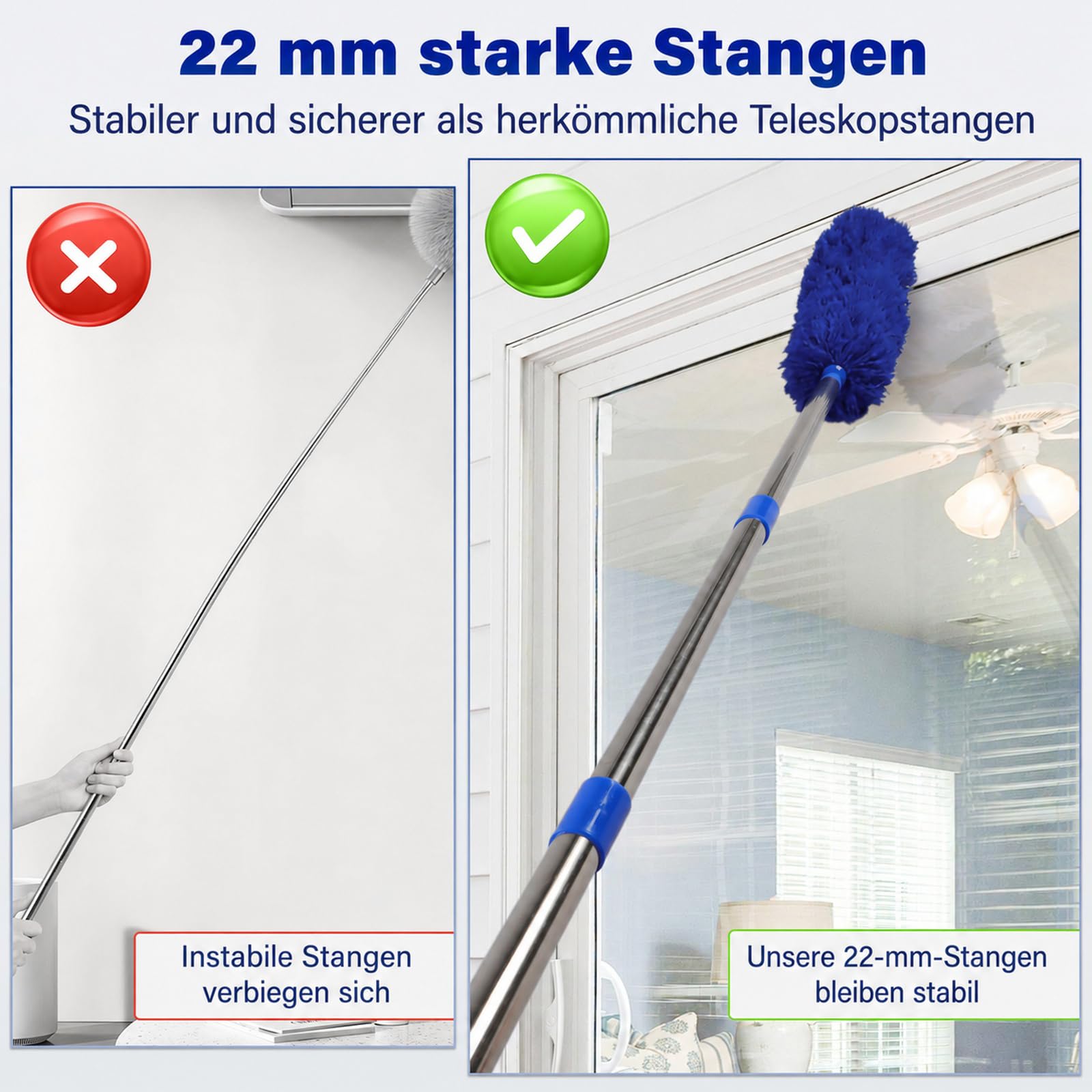 marysgift Staubwedel Teleskop Staubwedel Lang Ausziehbar mit Teleskopstange bis 310 cm Staubwischer Waschbar für Spinnweben Hohe Decken Lücken, Wiederverwendbares Reinigungsset Dunkelblau