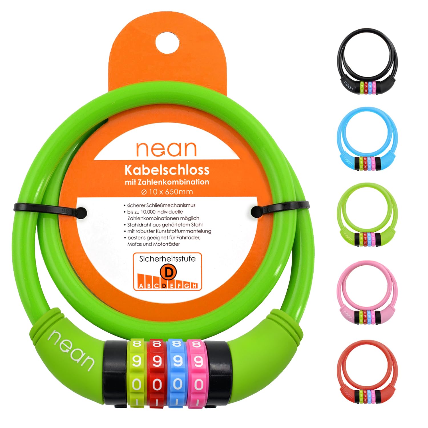 Nean, cavo spiralato con lucchetto per la bicicletta dei bambini, serratura a combinazione numerica, colorato, 10 x 650 mm (verde)
