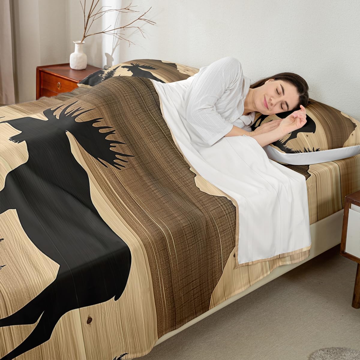 Homewish Juego de sábanas para cama de matrimonio con diseño de ciervo de caza, ropa de cama rústica para cabaña y cabaña, juego de sábanas de 4 piezas