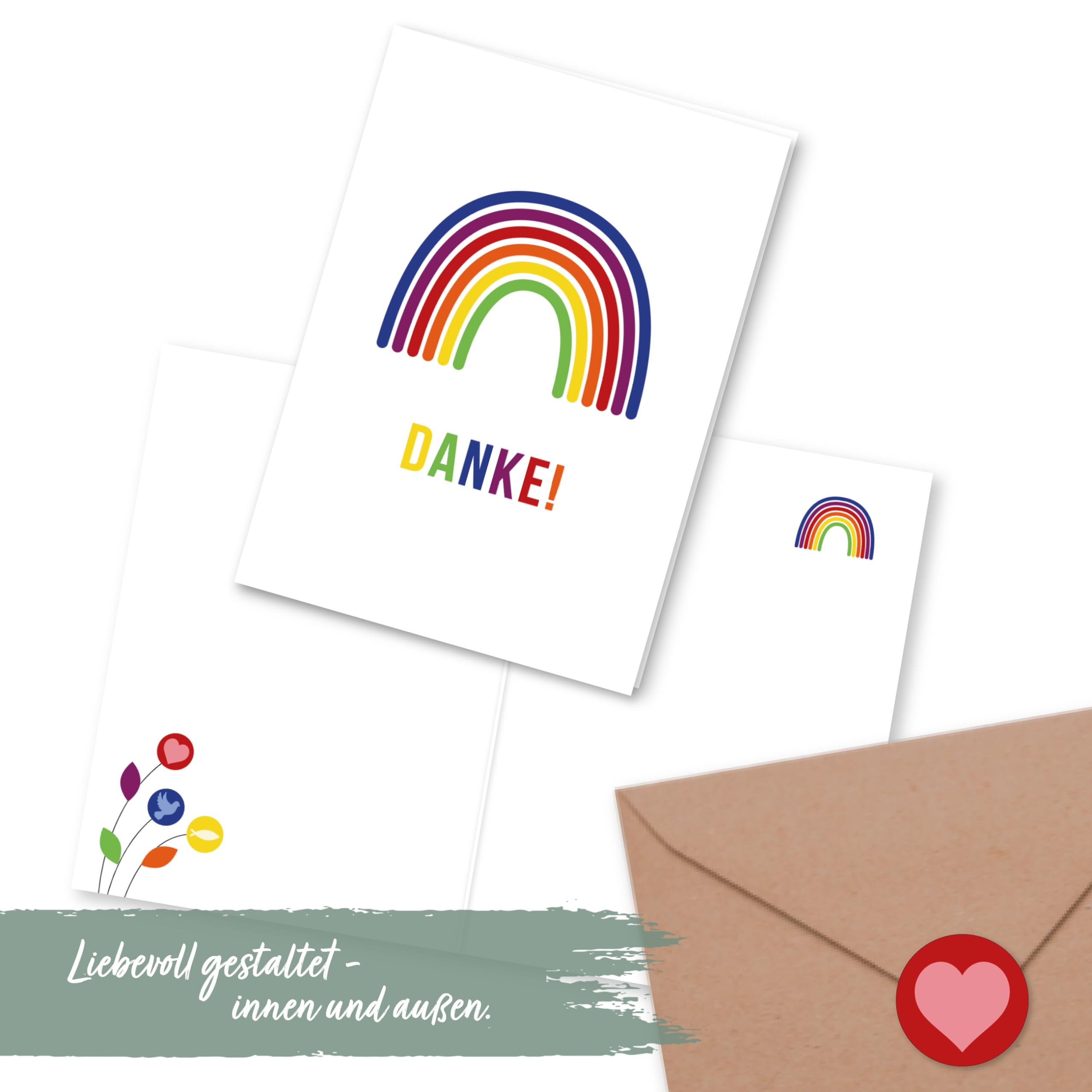 Papierdrachen 6 Thank You Cards for Christian Celebrations such as Christening, Communion, Confirmation, Rainbow Motif - Image 2