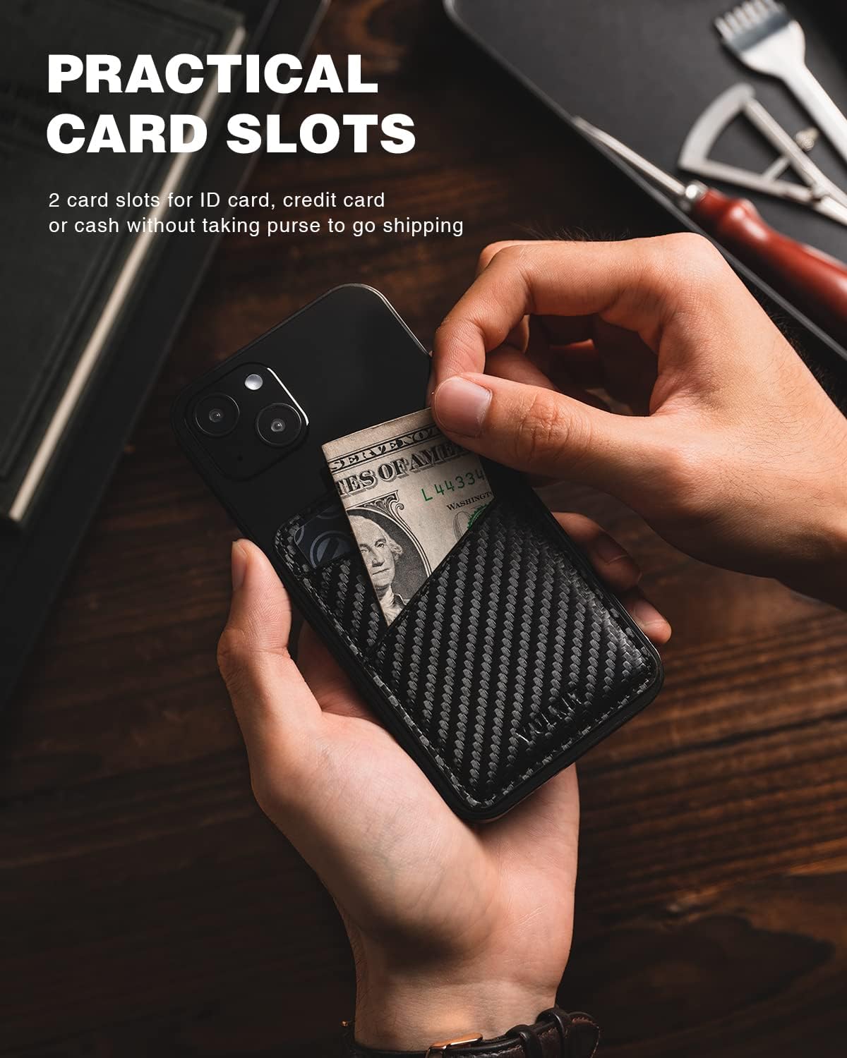 VULKIT Phone Card Holder Wallet Leather Adhesive Pocket RFID Blocking Credit Card Sleeves Stick Back of Phone Smartphones Carbon Fiber Black - Image 2