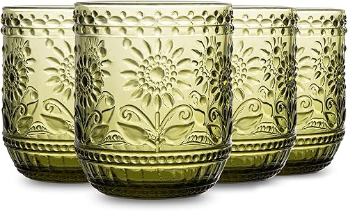 SoulTimes Juego de 4 vasos de vidrio vintage para beber juego de 4 vasos decorativos florales en relieve para agua whisky jugo bebidas cóctel