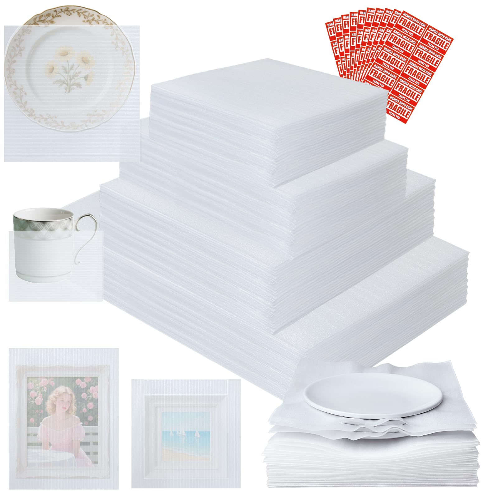 350 Pcs Dish Packing Supplies for Moving, 250 Cushion Foam Pouches and Sheets, 4 Sizes (16x12'', 12x12'', 12x8'', 8x8'') with 100 Fragile Stickers,