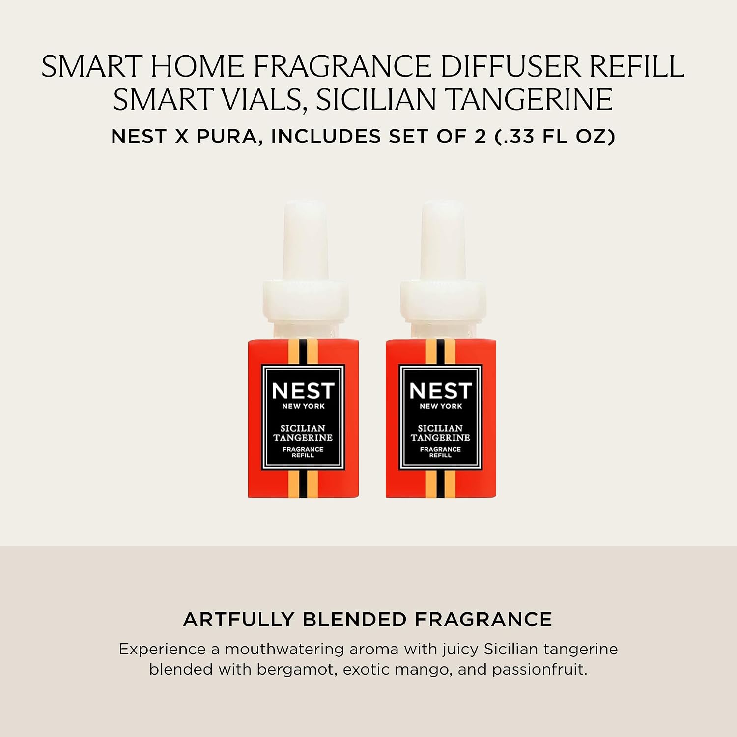 NEST New York Smart Home Fragrance Diffuser Refill Smart Vials, Sicilian Tangerine - Set of 2 - Designed for NEST x Pura 3 and NEST x Pura 4 Diffusers - Cruelty Free, Vegan