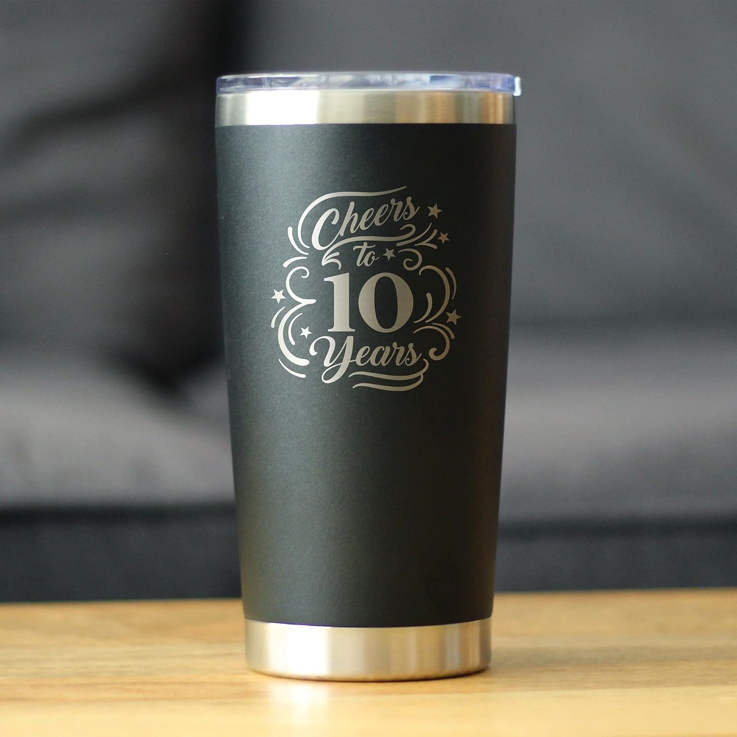 Custom Cheers to 10 Years - Personalized Insulated Coffee Tumbler Cup with Sliding Lid - Stainless Steel Insulated Mug - Gift for 10th Anniversary