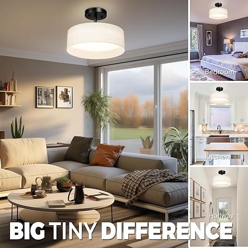 Miniatura 7 de Hamilyeah Lámpara de techo semiempotrada con pantalla de tela blanca, lámparas LED de 12 pulgadas para montaje en techo, lámpara de techo LED