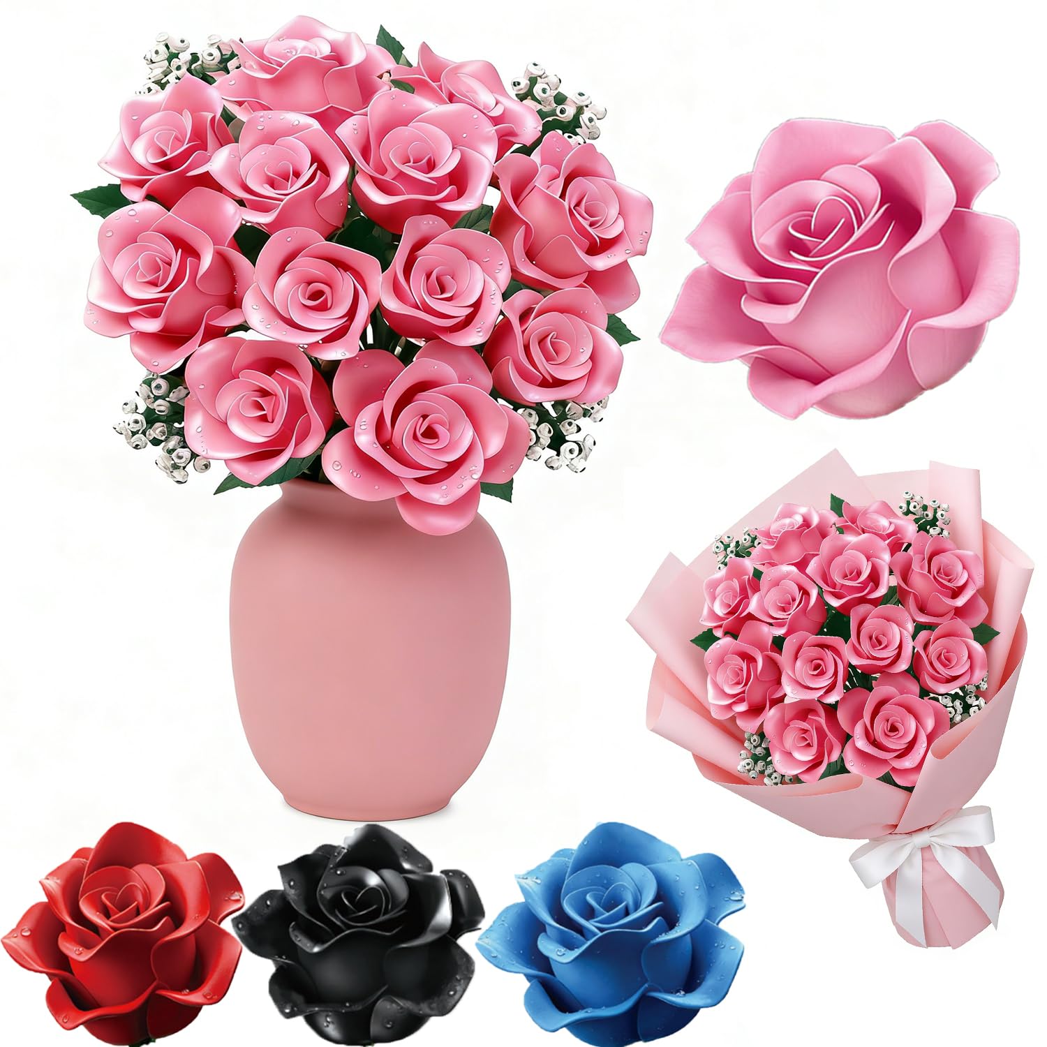 Rose Flower Building Set - 12 Pink Roses+4 Gypsophila Gift Bouquet for Adults - Artificial Flowers Botanical Collection Gift for Women Mother's Day,Birthday,Christmas,Valentine's Day, Anniversary