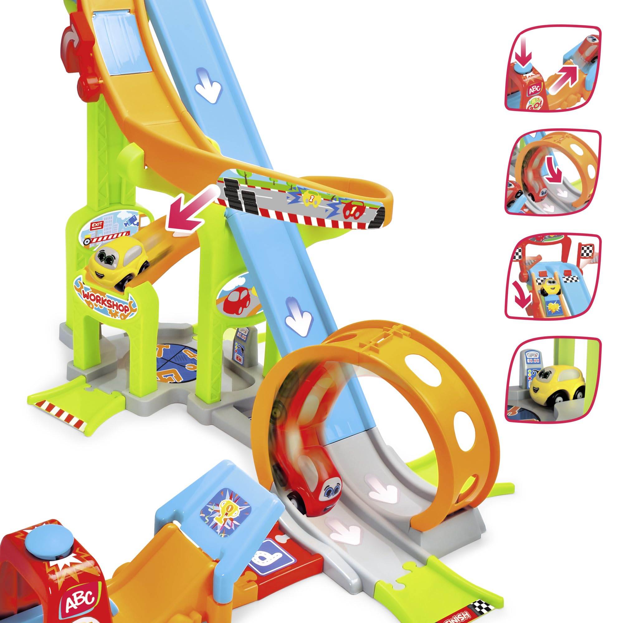 Dickie Toys ABC - Jays Jump N Fun Tower (66 x 72 x 64 cm) – pista da corsa per auto a partire da 1 anno con Looping, Schanze & 2 auto giocattolo, autostrada giocattolo per neonati e bambini dai 12