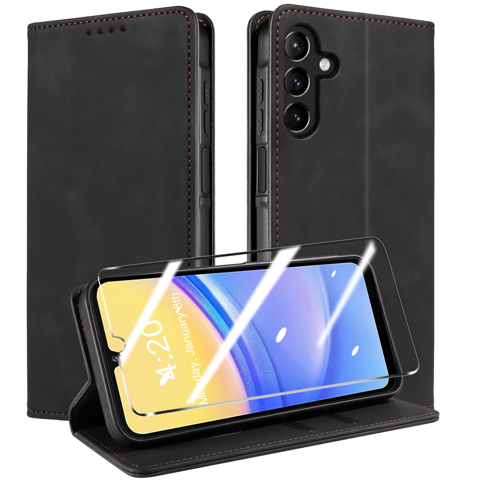 QHOHQ Cover per Samsung Galaxy A15 4G/5G + Vetro Temperato, [RFID Antifurto], Libro Custodia Portafoglio Premium Pelle PU, [Multifunzionale], Chiusura Magnetico Aletta Antiurto Case (Retrò)-Nero