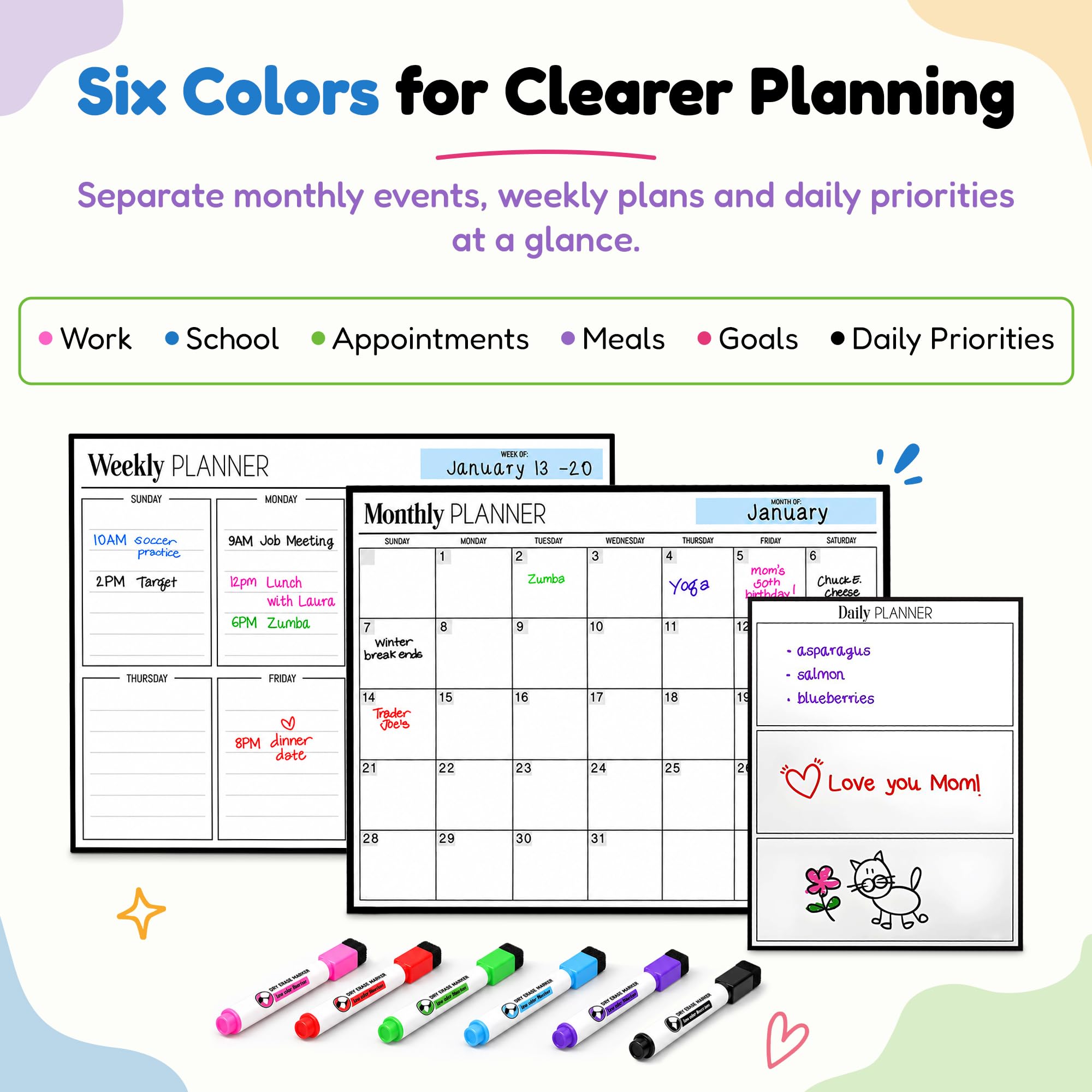 Paquete de calendario magnético Cinch: 3 tablas de 17 x 12 pulgadas, mensual, semanal, diario, calendario magnético para nevera, pizarra blanca para nevera, 6 marcadores de punta fina, borrador