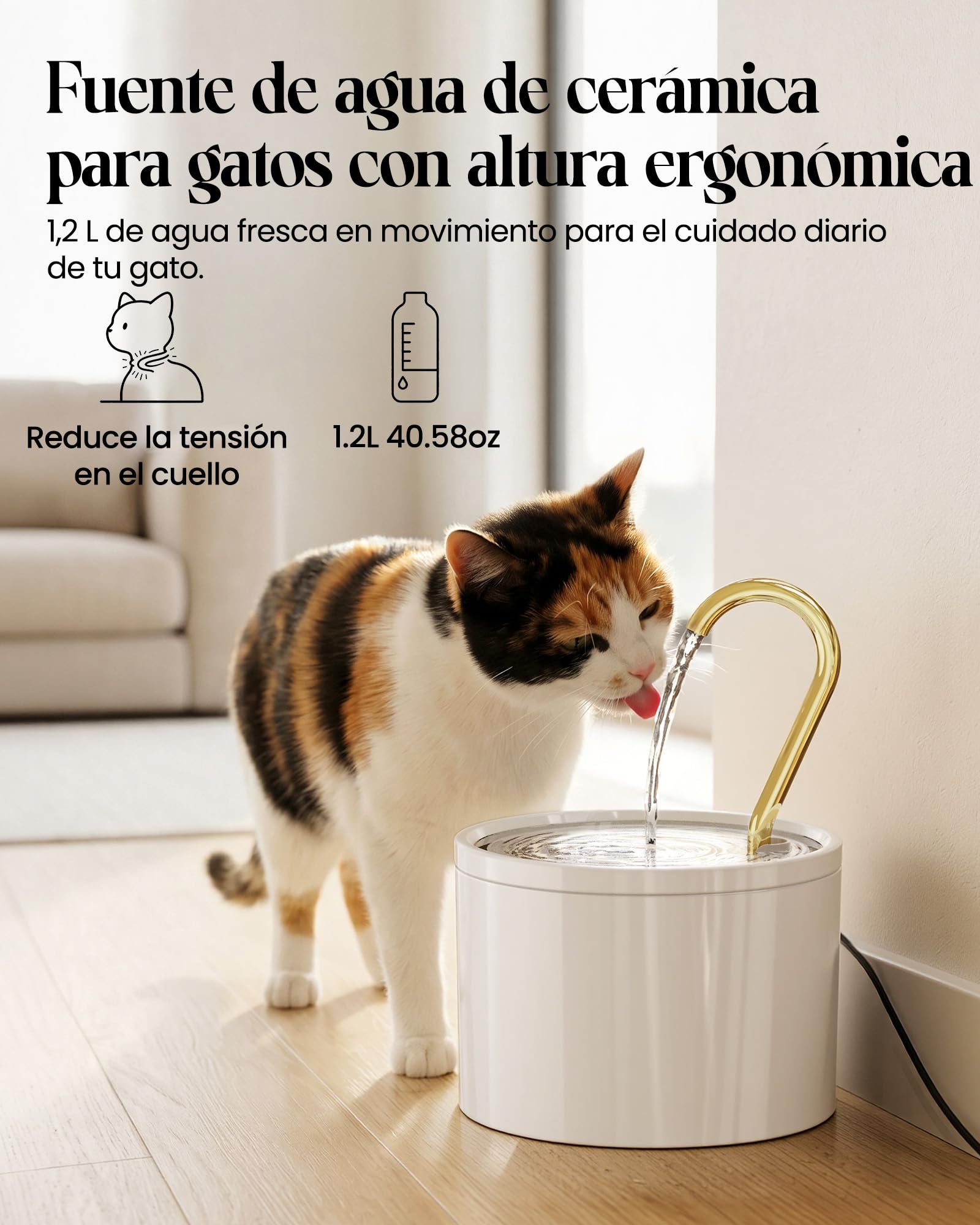 Kittyspout Fontana per gatti in ceramica 1,2L con 2 Filtri Inclusi | Pompa ultra silenziosa, fontana bianca con rubinetto in rame, adatta a gatti e cani di piccola taglia