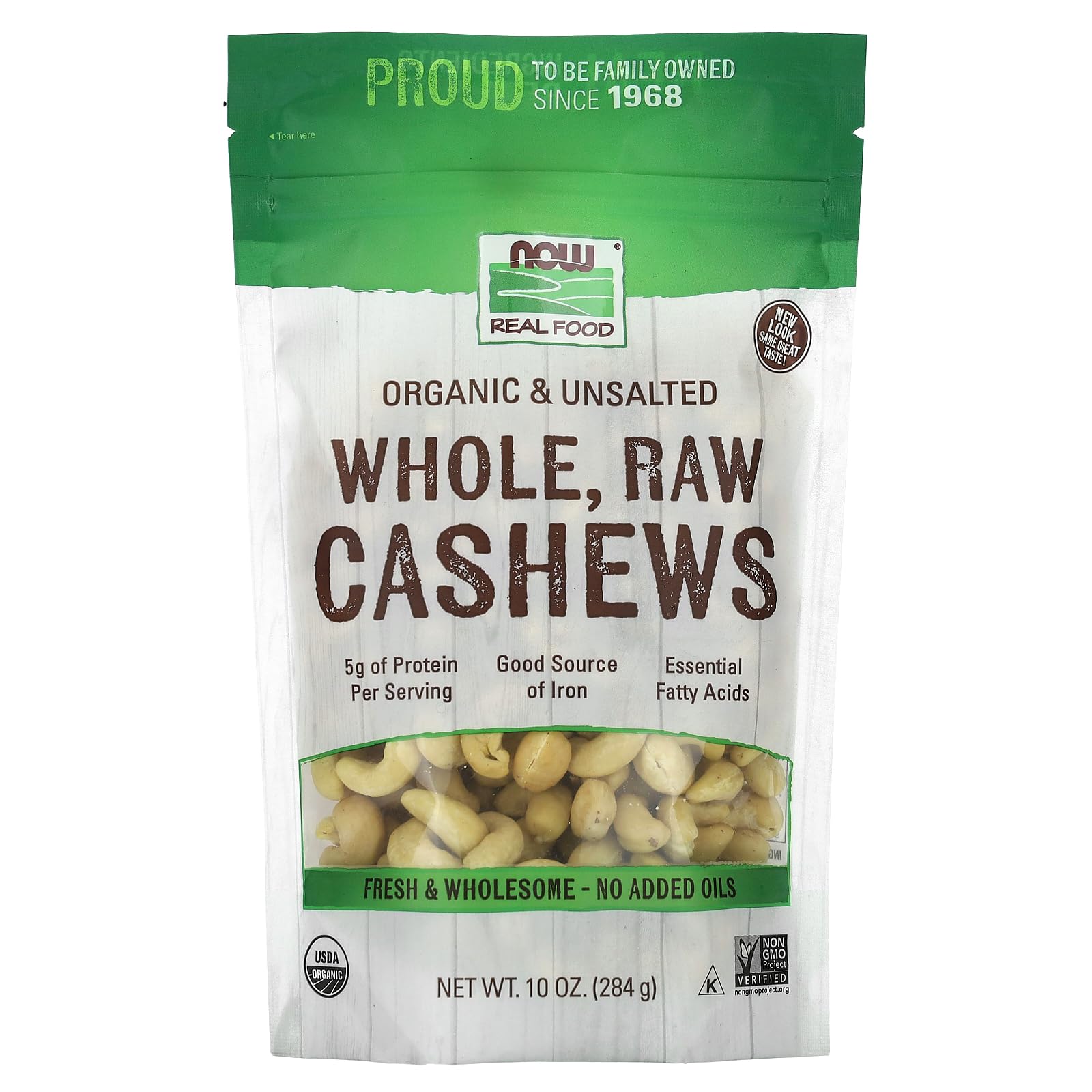 NOW Foods, Certified Organic Cashews, Whole, Raw and Unsalted, Rich Buttery Flavor, Source of Fiber, Protein and Iron, Certified Non-GMO, 10-Ounce (Packaging May Vary)