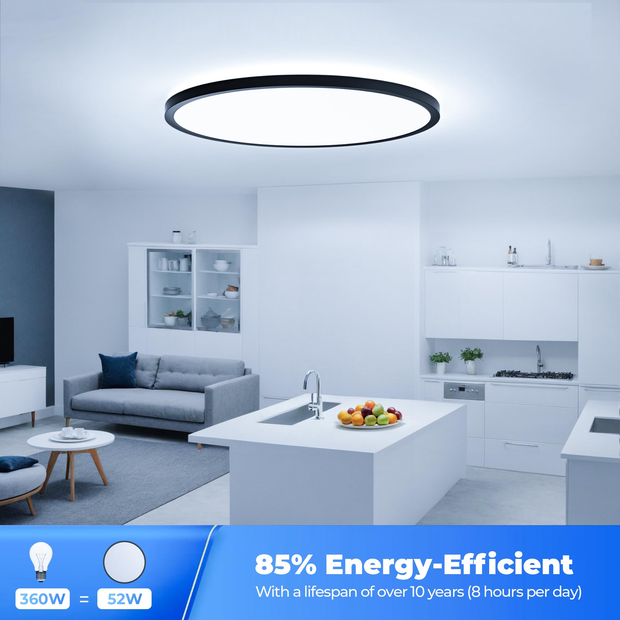 OTREN Plafonnier LED 52W, 5200LM Moderne Rond Luminaire Intérieur, IP44 Etanche Lumière de Salle de Bain, Ultra Mince Noir Lampe de Plafon pour Salon Chambre Cuisine Bureau, Blanc Froid 6500K, Ø50cm