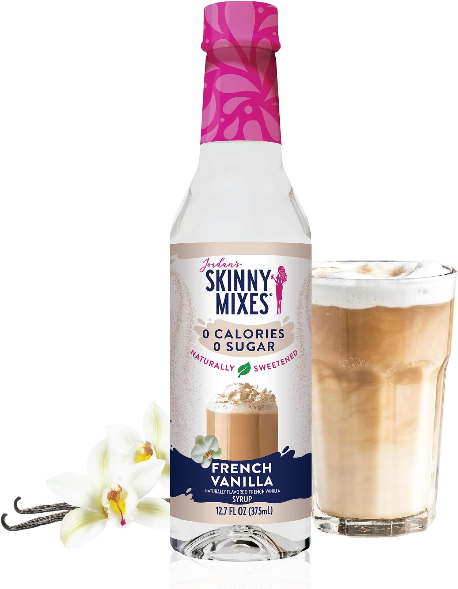Jordan's Skinny Mixes Sugar Free Coffee Syrup, French Vanilla Coffee Flavoring Syrup, Naturally Sweetened Zero Calorie Drink Mix, Lattes, Baking or Protein Shake, Dairy & Gluten Free, 12.7 Fl Oz