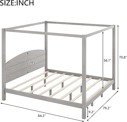 Miniatura 2 de Cama de plataforma tamaño King con cabecera y patas de soporte, marco de cama King de madera con cuatro pósteres, no requiere somier, gris lavado