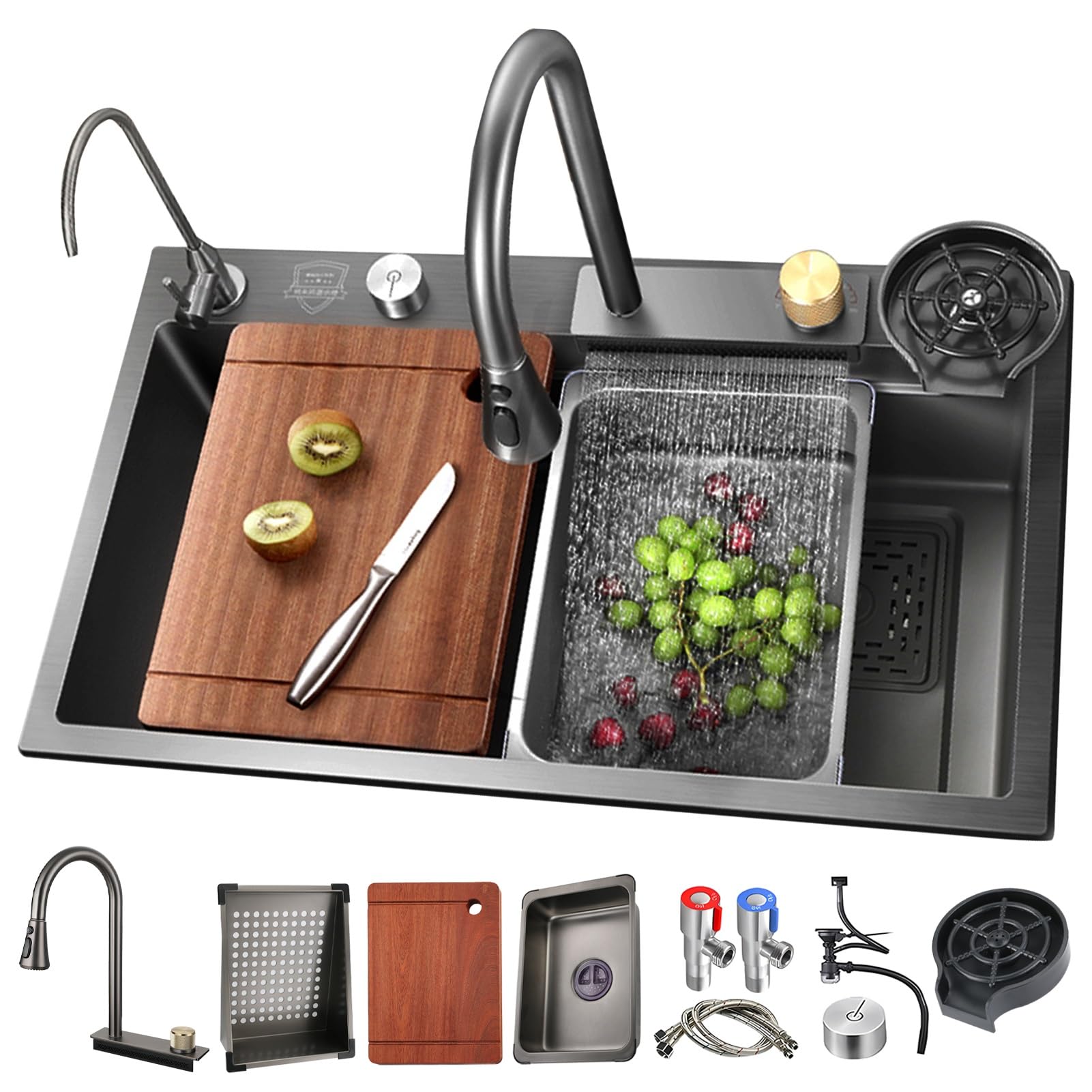 YADZISW Black Stainless Steel Kitchen Sink - Top Mount Waterfall Design Single Bowl with Pull-Out Faucet Drain Basket & Glass Cleaning Tool Stylish Durable Upgrade for Modern Kitchens
