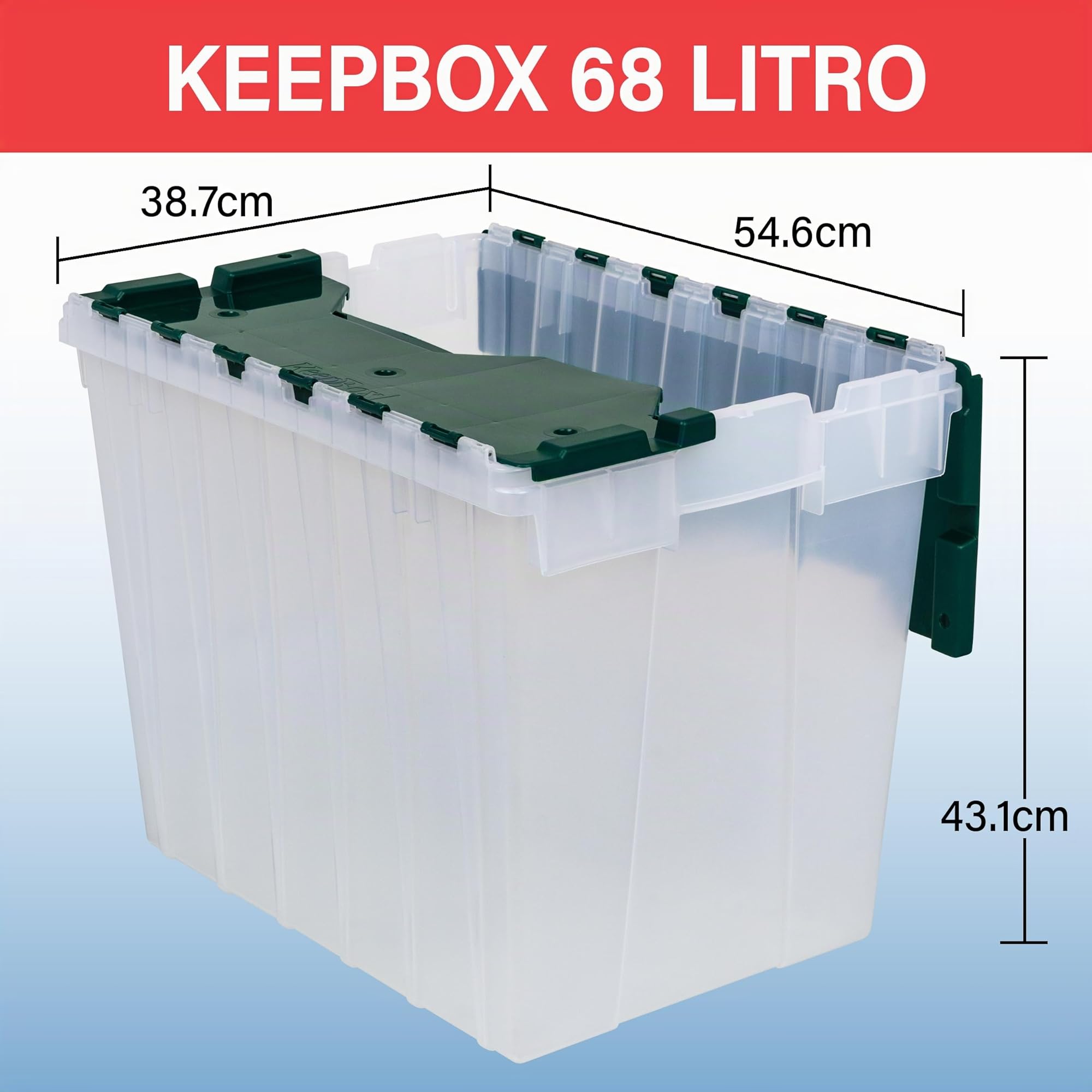 Akro-Mils KeepBox 68L Storage Container, Nesting and Stackable Plastic Storage Box with Lid Attached, Organizer Tote for Garages, Closets, and Moving, 38,7 cm W x 54,6 cm D x 43,1 cm H, Clear/Green