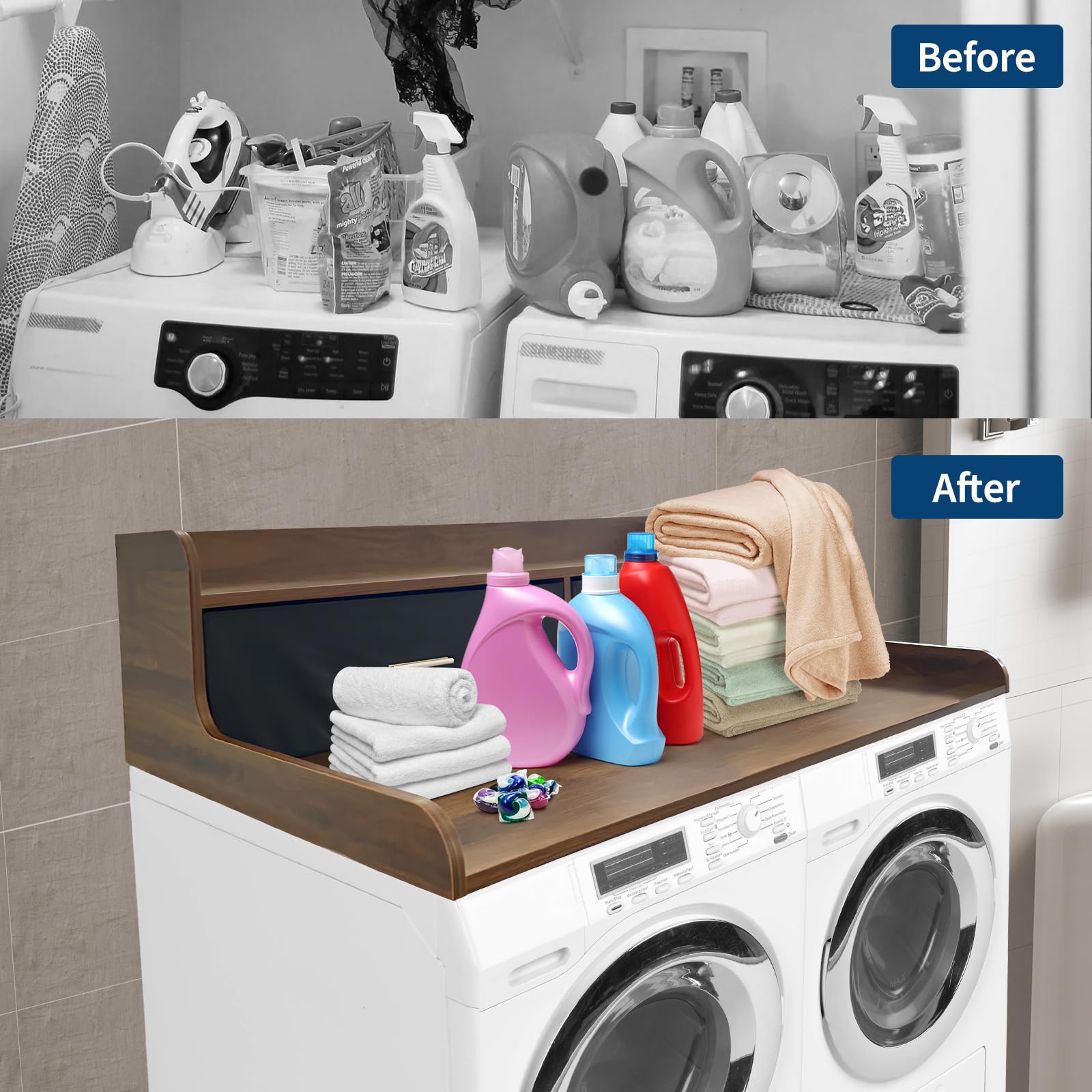 IDEALHOUSE 2-stufige Waschmaschinen-/Trockner-Arbeitsplatte mit 2 Schubladen – wasserfeste Holzablage, 54" x 27,55" x 11,81", Kantenschutz, rutschfeste Pads – Wäsche-Faltstation & Stauraum