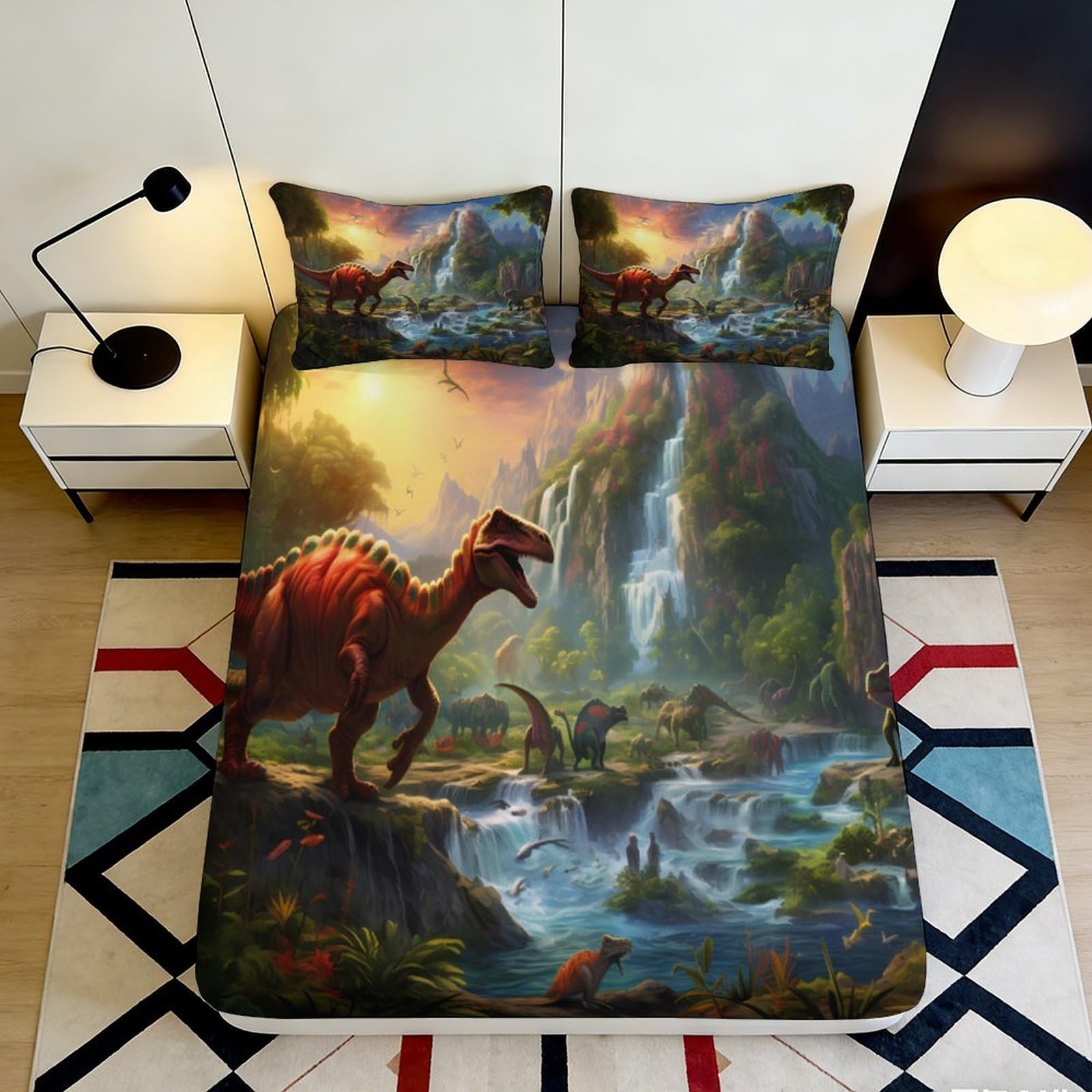 3D Printed Dinosaur Forest Fitted Sheet Microfiber Soft Breathable Waterfall Mattress Cover Bedroom Decor 90x200x25cm