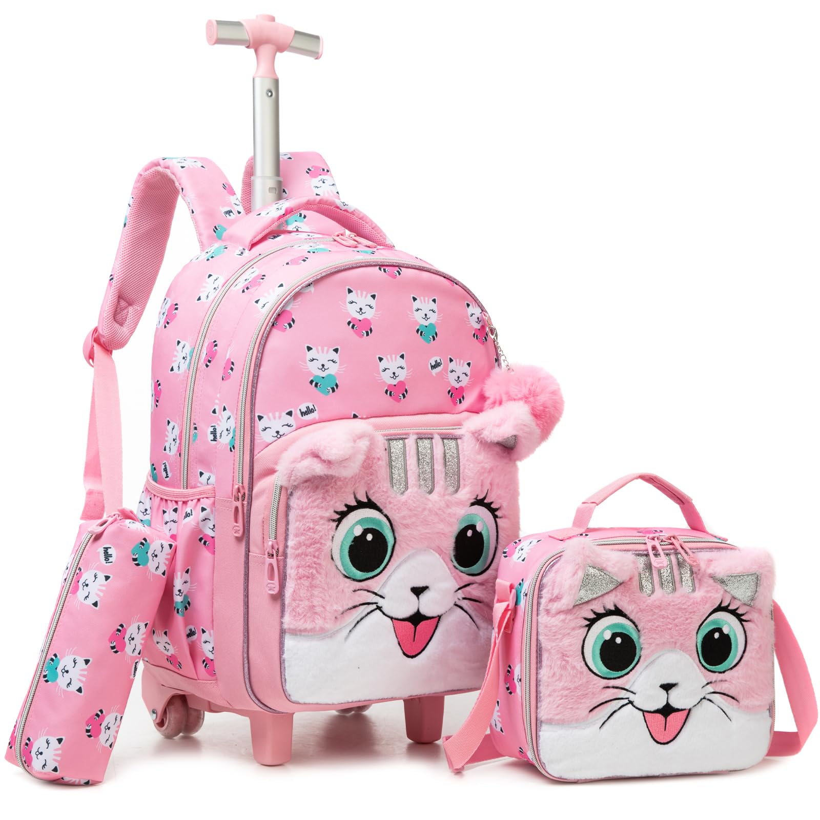 Sac a Dos Roulette Fille Enfant Cartable Cabine Primaire Valise École Maternelle Sacs à D'école pour Voyage de Bagages Ensemble Grand Étudian Simple Poches Tissu Peluche Rose Chat