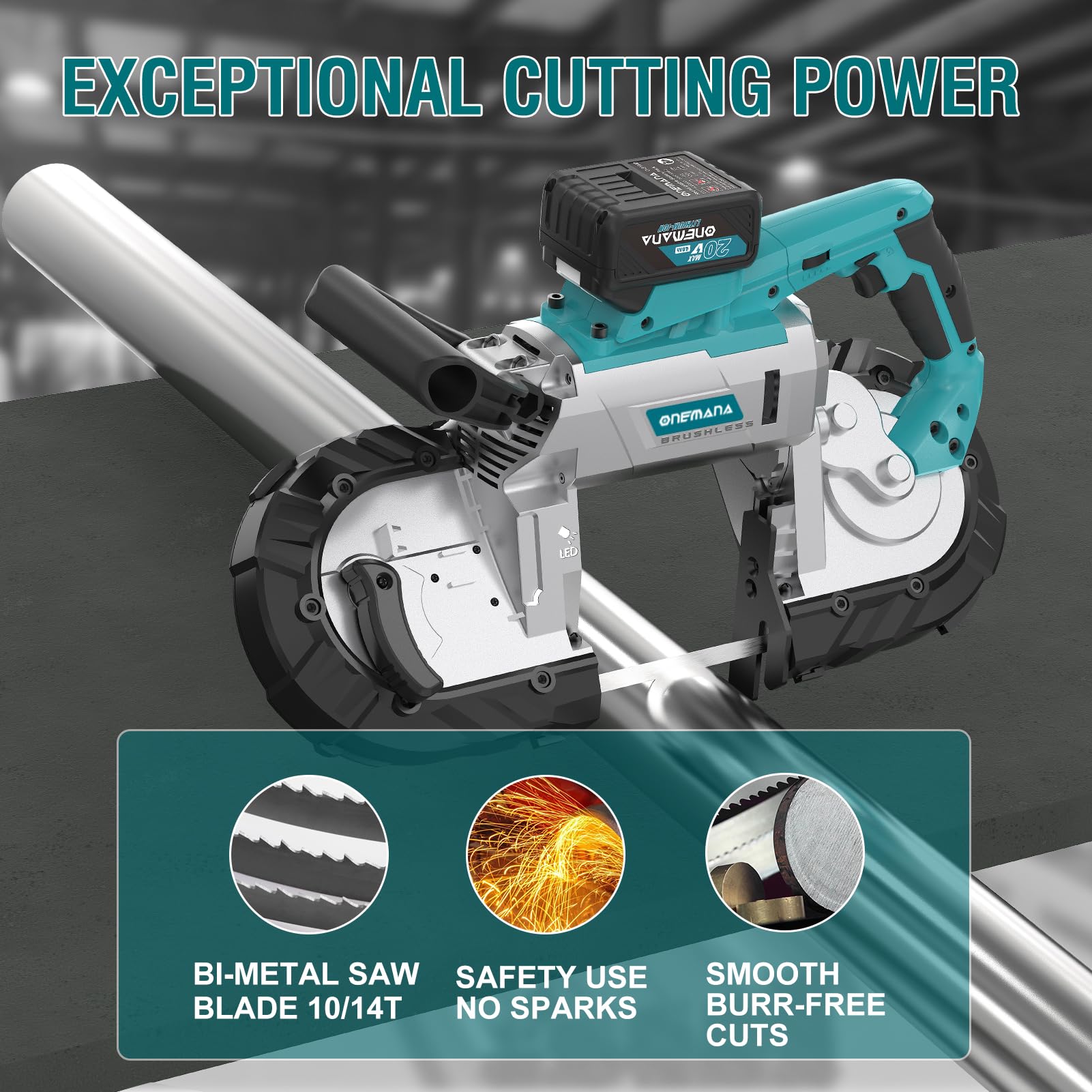 ONEMANA 5 inch Cordless BandSaw?20V Cutting Capacity Brushless Metal Band Saw,Not Hot Sparks, Portable BandSaw for Deep Cut with 6 Speeds Adjustable? Battery Included?
