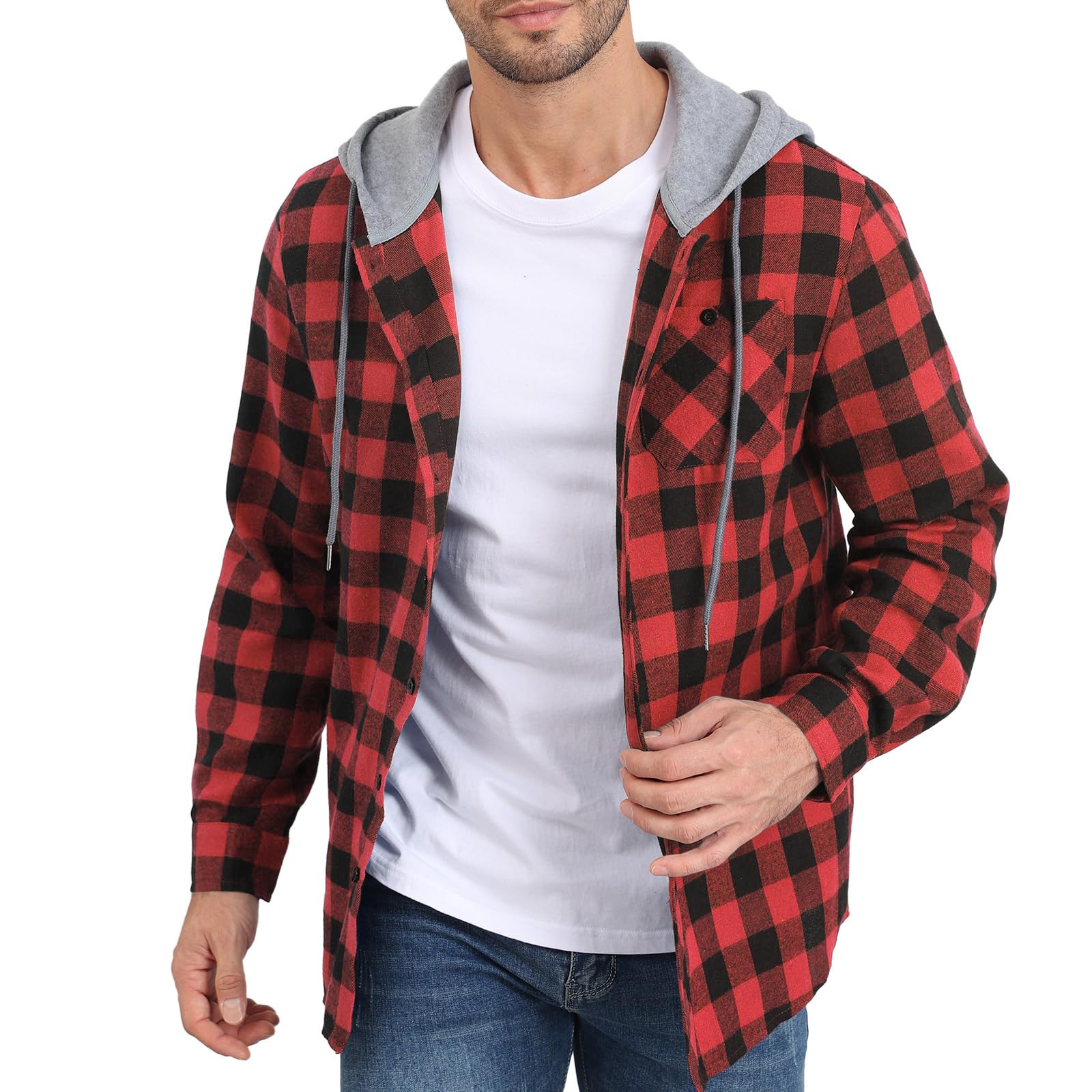 CTU Herren-Kapuzenpullover Leichte Karierte Jacke mit Knopfleiste am Saum Langärmliges Hemd mit Taschen