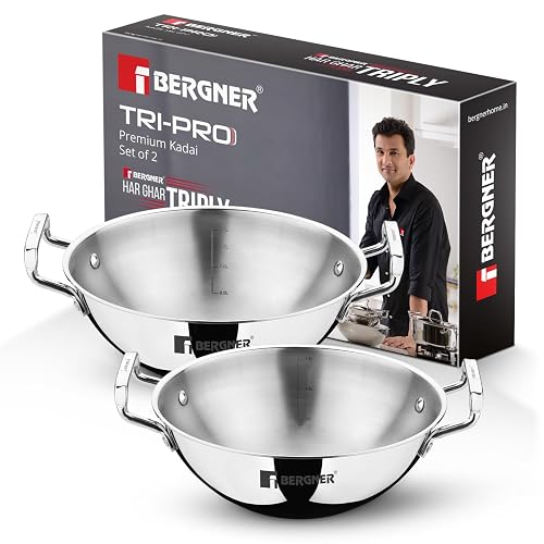 BERGNER TriPro Tri-Ply Stainless Steel 2 Pcs Kadai Set - 20cm Kadai and 22cm Kadhai, Triply Kadhai Set, Consumes Less Oil, Healthy Cooking, Even and Faster Heating - Induction and Gas Stove Ready