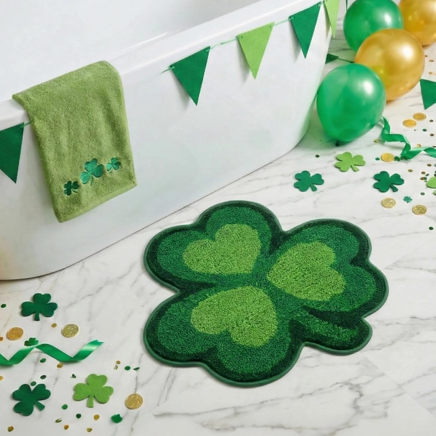 Moutina St Patricks Day Shamrock Bathroom Rug 24x24 Inch, Spring Soft and Absorbent Tufted Shamrock Bath Mat Non Slip Washable, St Patricks Day Bathroom Decor Rug Lucky Green Decorations