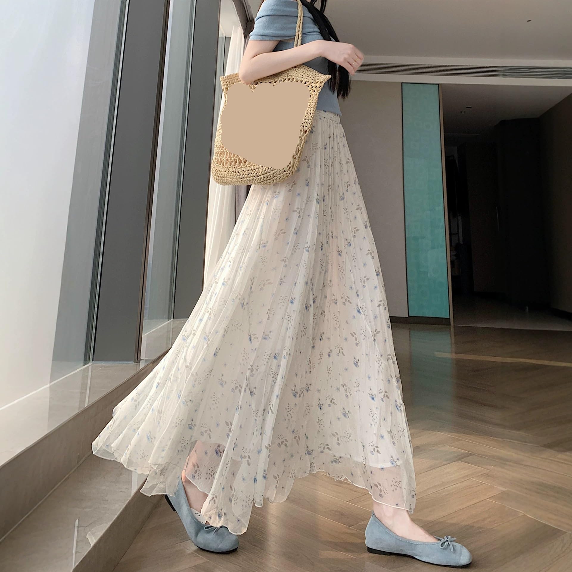 Gonna longuette a trapezio in chiffon con stampa floreale a vita alta estiva