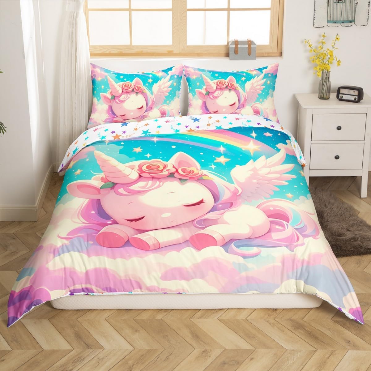 Erosebridal Unicorn Bedding Set Fantasy Unicorn Themed Comforter Cover for Girls Moon Galaxy Starry Sky Toddler Duvet Cover,Soft Reversible Pink Rose Flowers Kawaii Bed Set