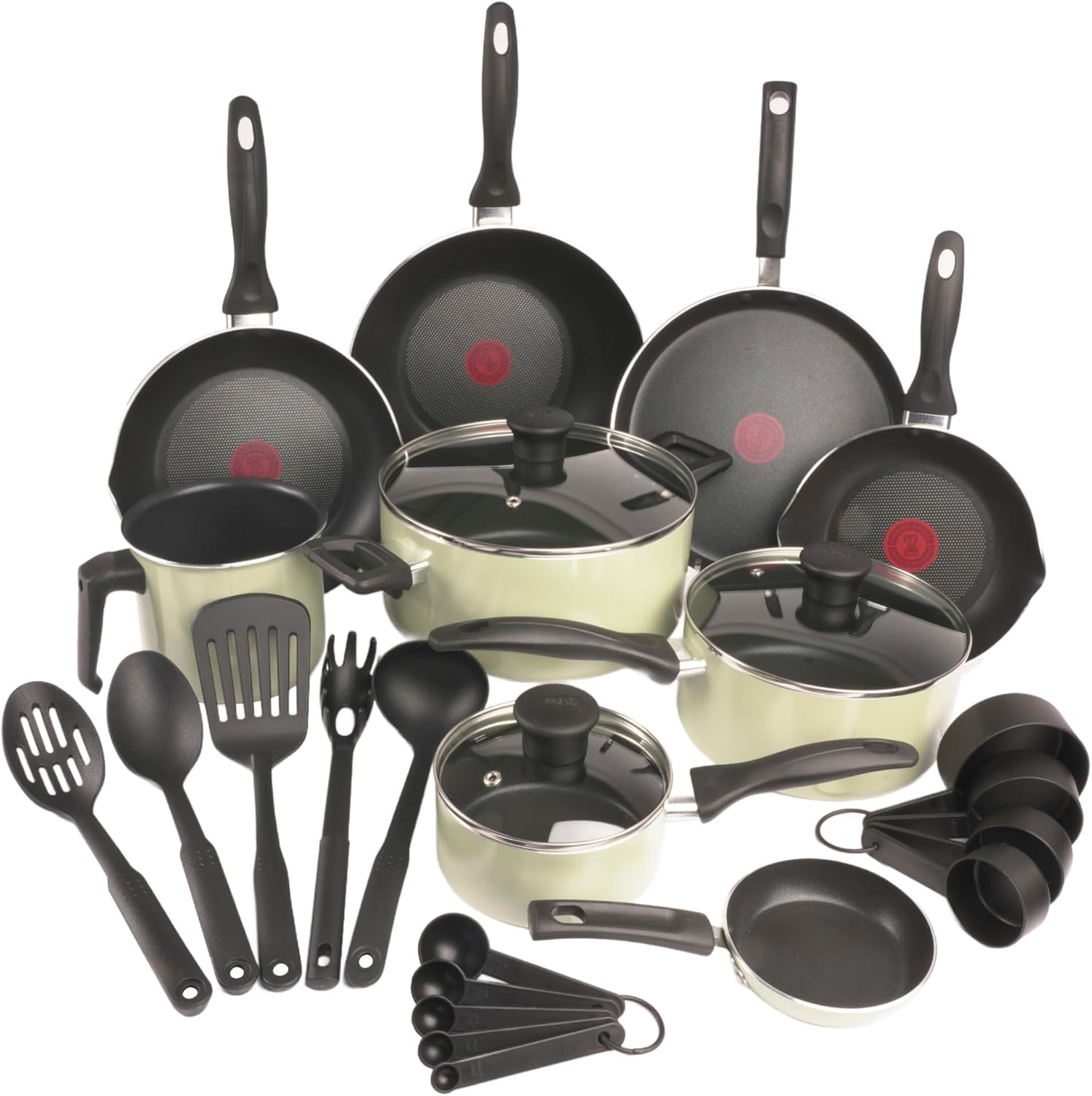 T-fal Supercook 26 Piece Lichen Green Cookware Set with Titanium Non-Stick Thermo Signal Technology, Easy Cleaning and Diffuser Base for Creating Delicious Recipes, B929SZ84