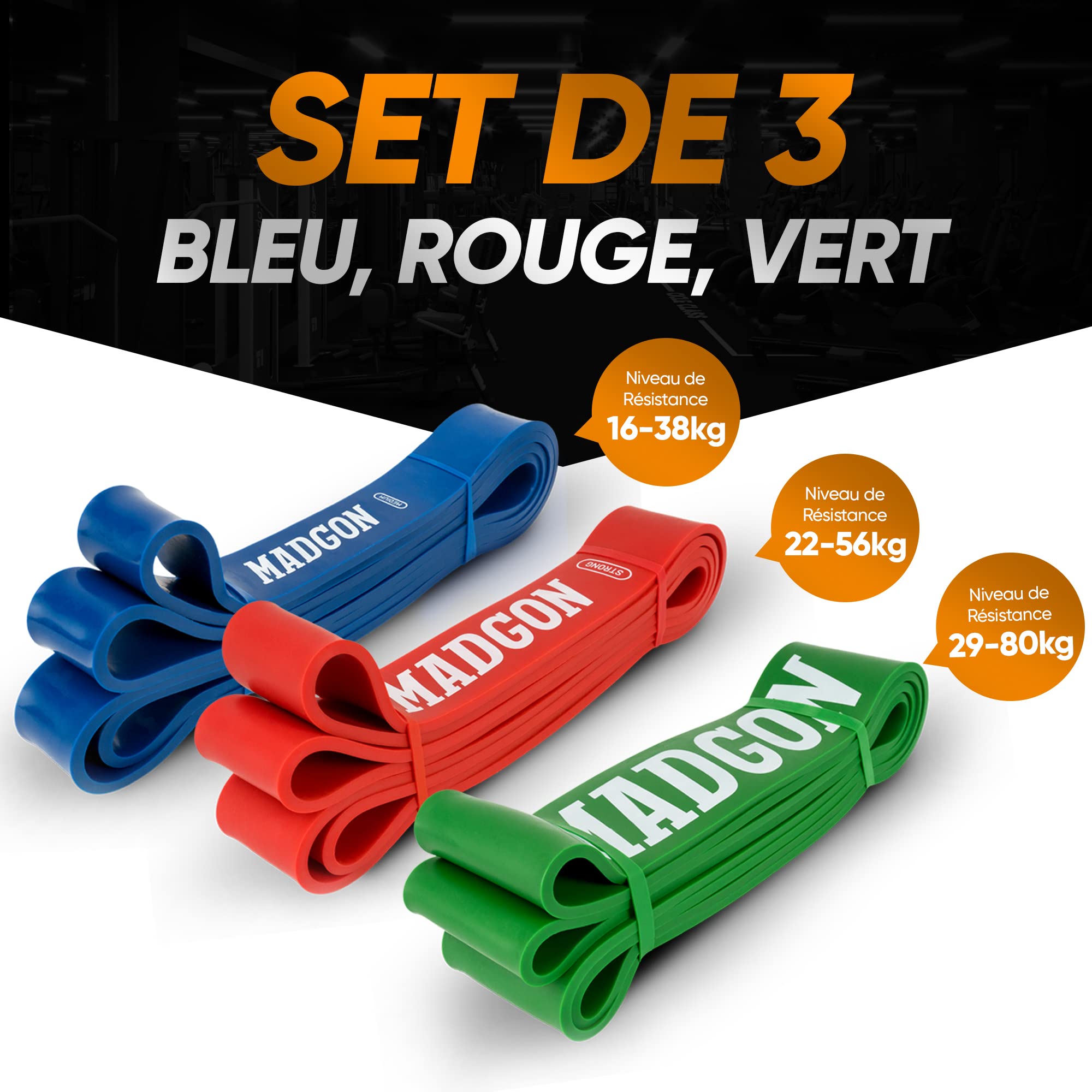 MADGON Elastiques Musculation (en Bande Unique en 5 Forces ou en Set) - Bandes Elastique Fitness Résistantes et Durables avec Sac et Guide PDF – Elastique Fitness Tout Groupe Musculaire