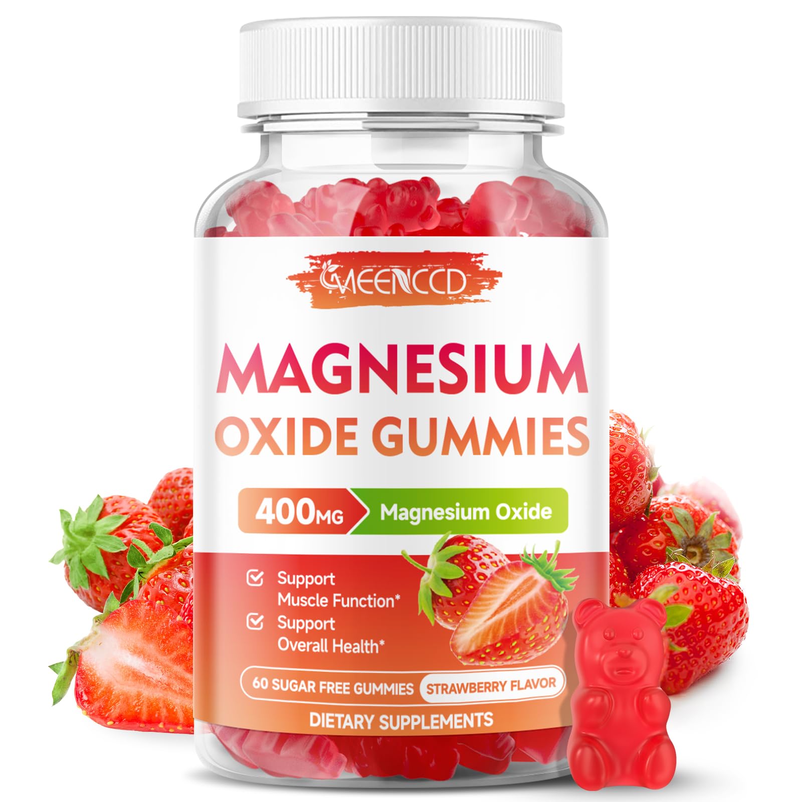 Magnesium Oxide Gummies 400mg, Chewable Magnesium Oxide Supplement for Adults & Kids, Muscle Function Support, Sugar-Free, Strawberry Flavor, 60 Count 60 Count (Pack of 1)