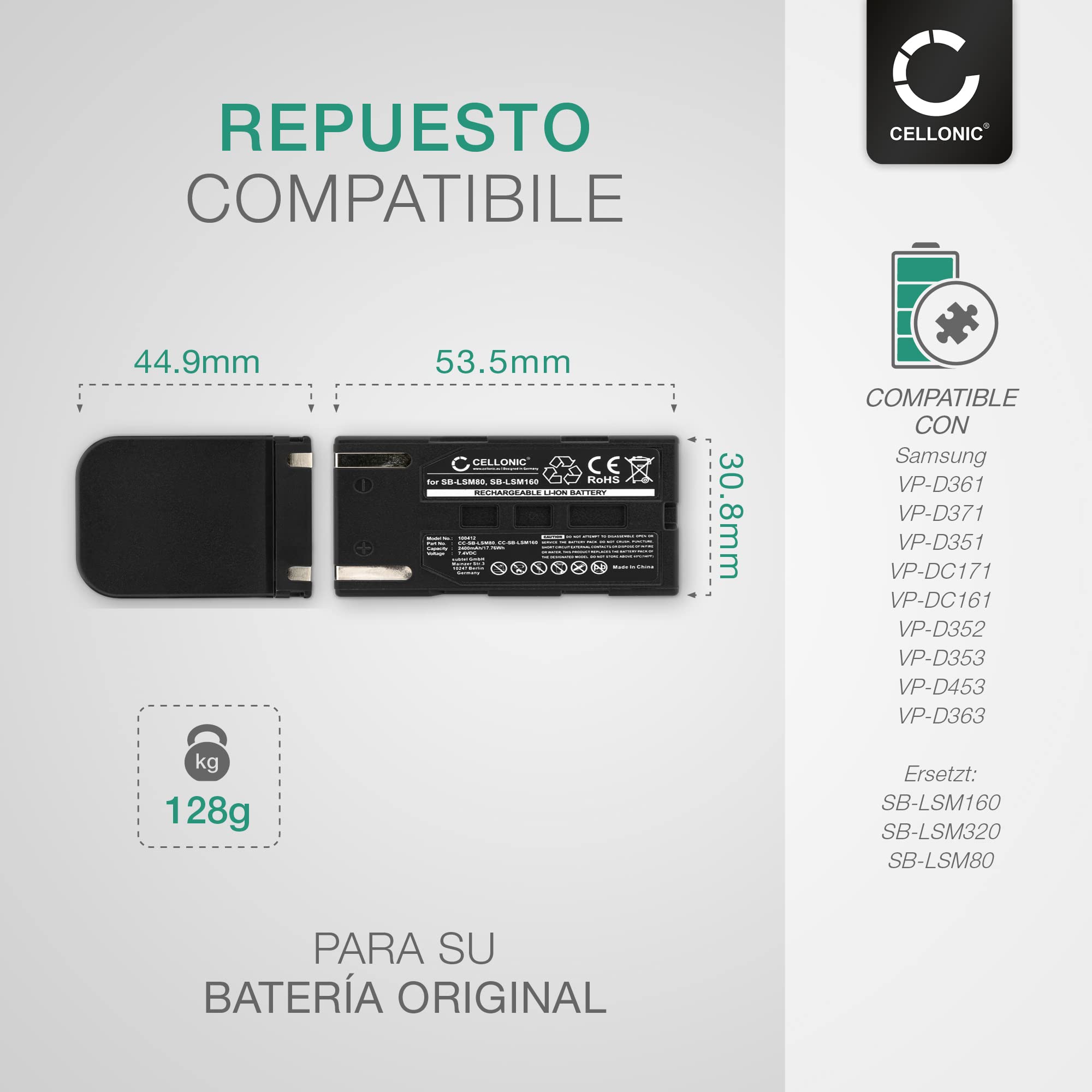 CELLONIC 1x Batería para Cámara Compatible con Samsung SC-D365, SC-D263, SC-D354, SB-LSM80 - (2400mAh, 7.4V)